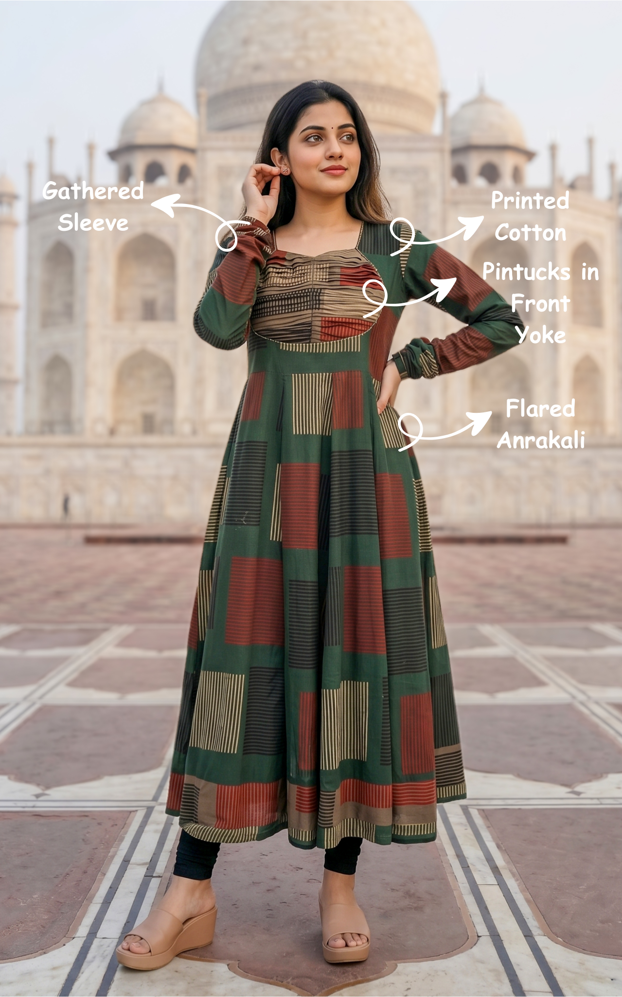 Instore - Green Color Printed Cotton Flared Anarkali Kurti with Line Embroidery & Sweetheart Neck with Gathered Sleeve
