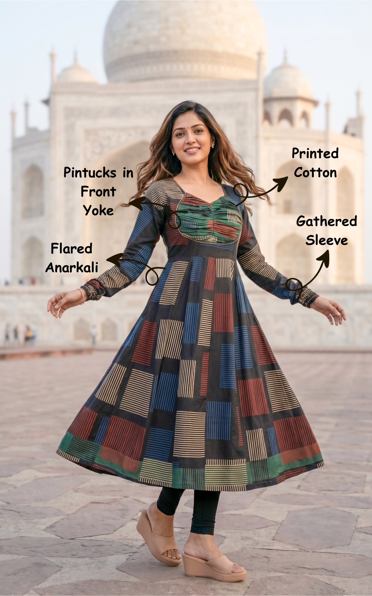 Instore - Black Color Printed Cotton Flared Anarkali Kurti with Line Embroidery & Sweetheart Neck with Gathered Sleeve