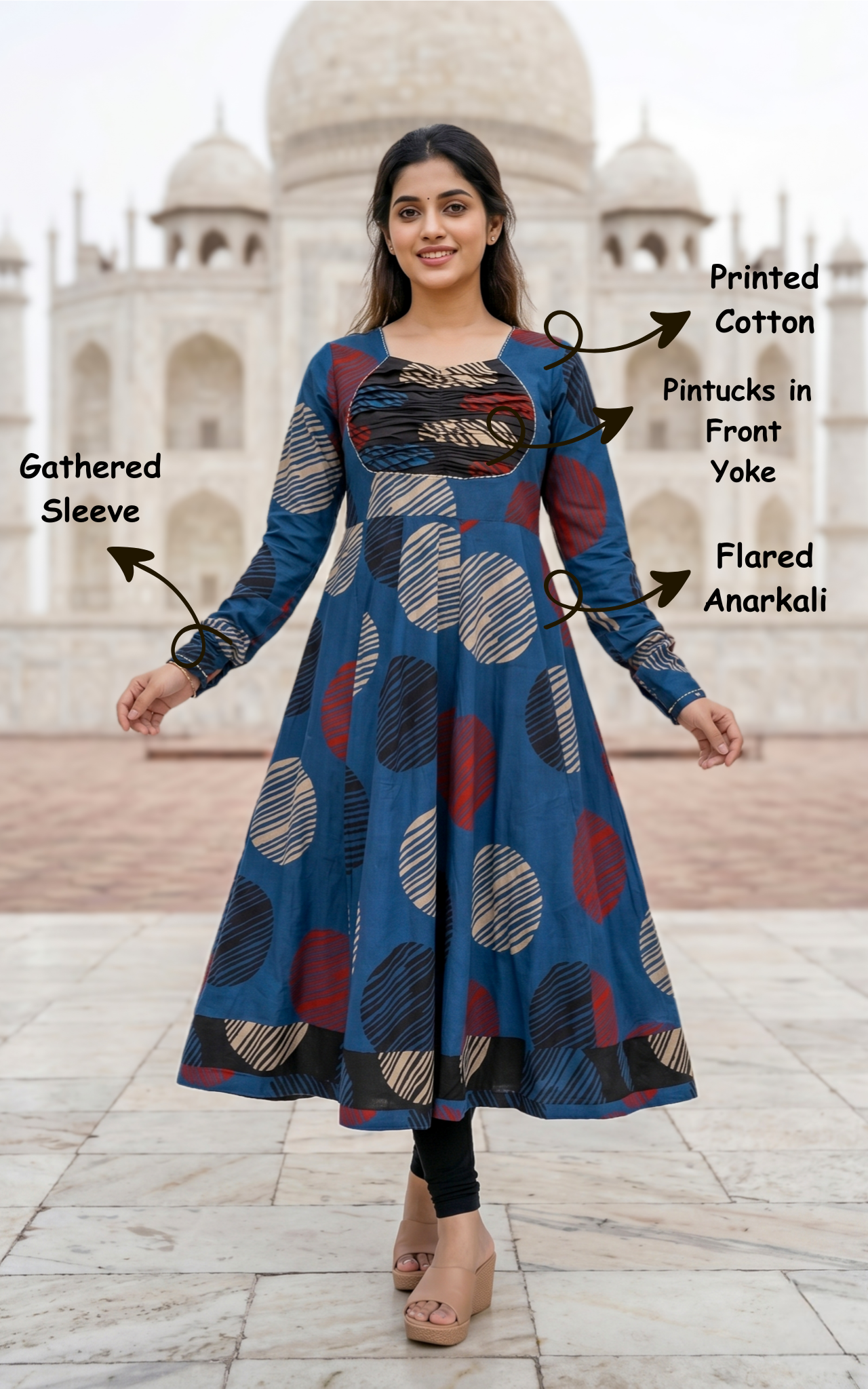 Instore - Blue Color Printed Cotton Flared Anarkali Kurti with Line Embroidery & Sweetheart Neck with Gathered Sleeve