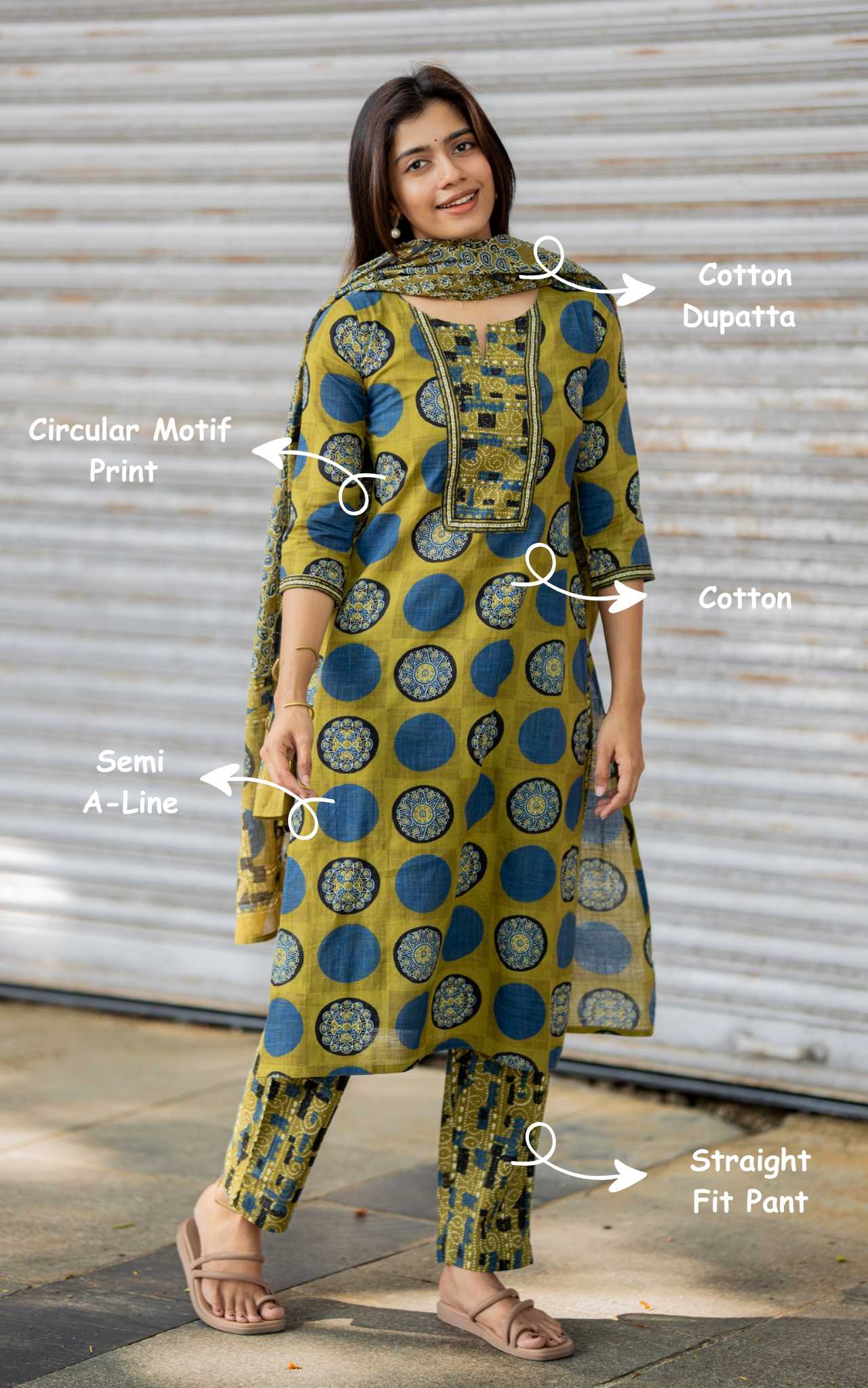 Instore – Mehandi Green Desika B Kurti Pant Dupatta Set for Women – Cotton – Printed – Ethnic Wear