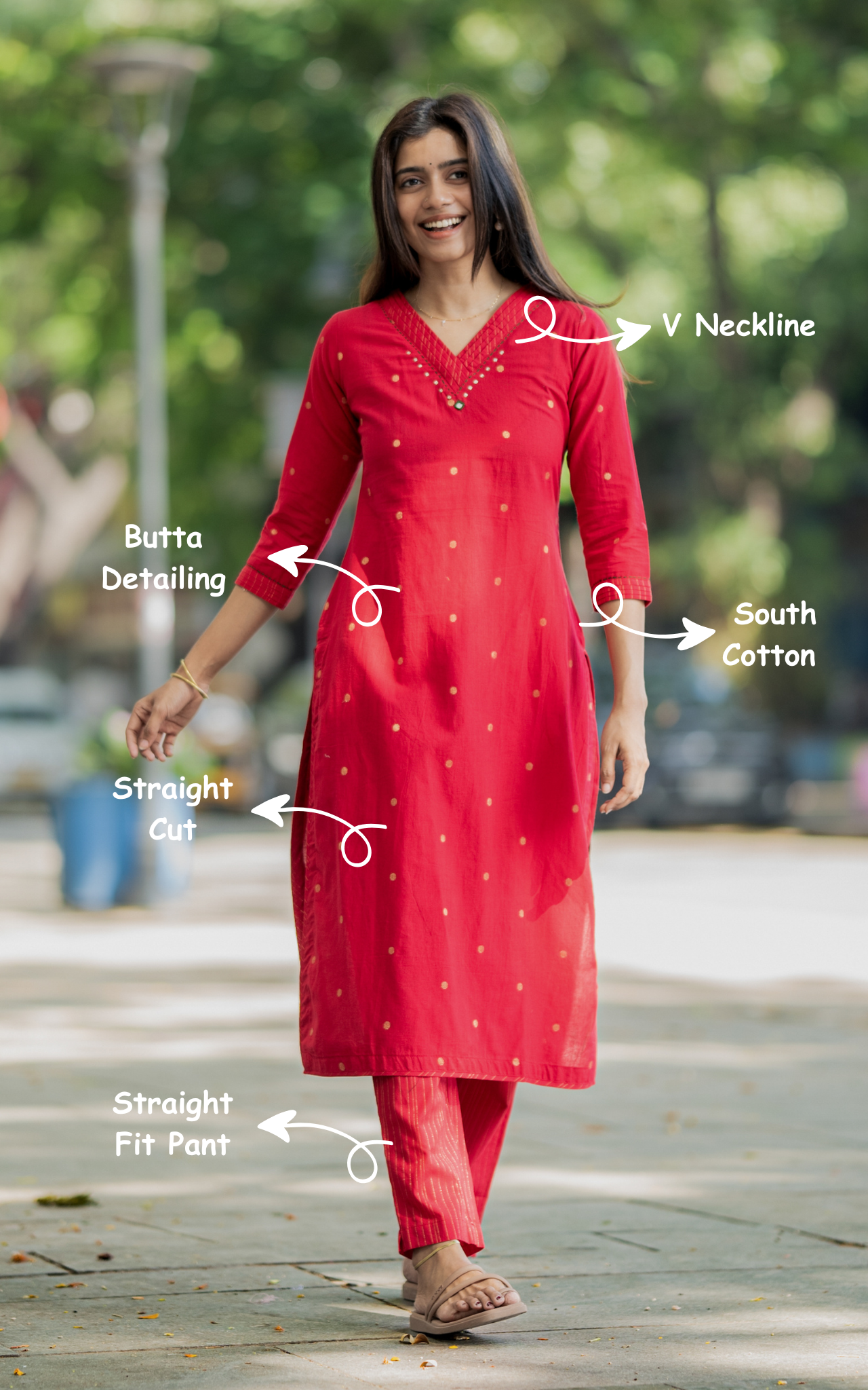 Instore – Red Mullai Kurti Set for Women – South Cotton – Straight Cut – Ethnic Wear