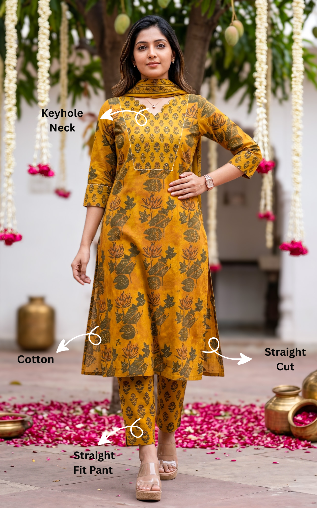 Instore – Gauthami A Kurti Pant Dupatta Set for Women – Georgette – Printed – Ethnic Wear