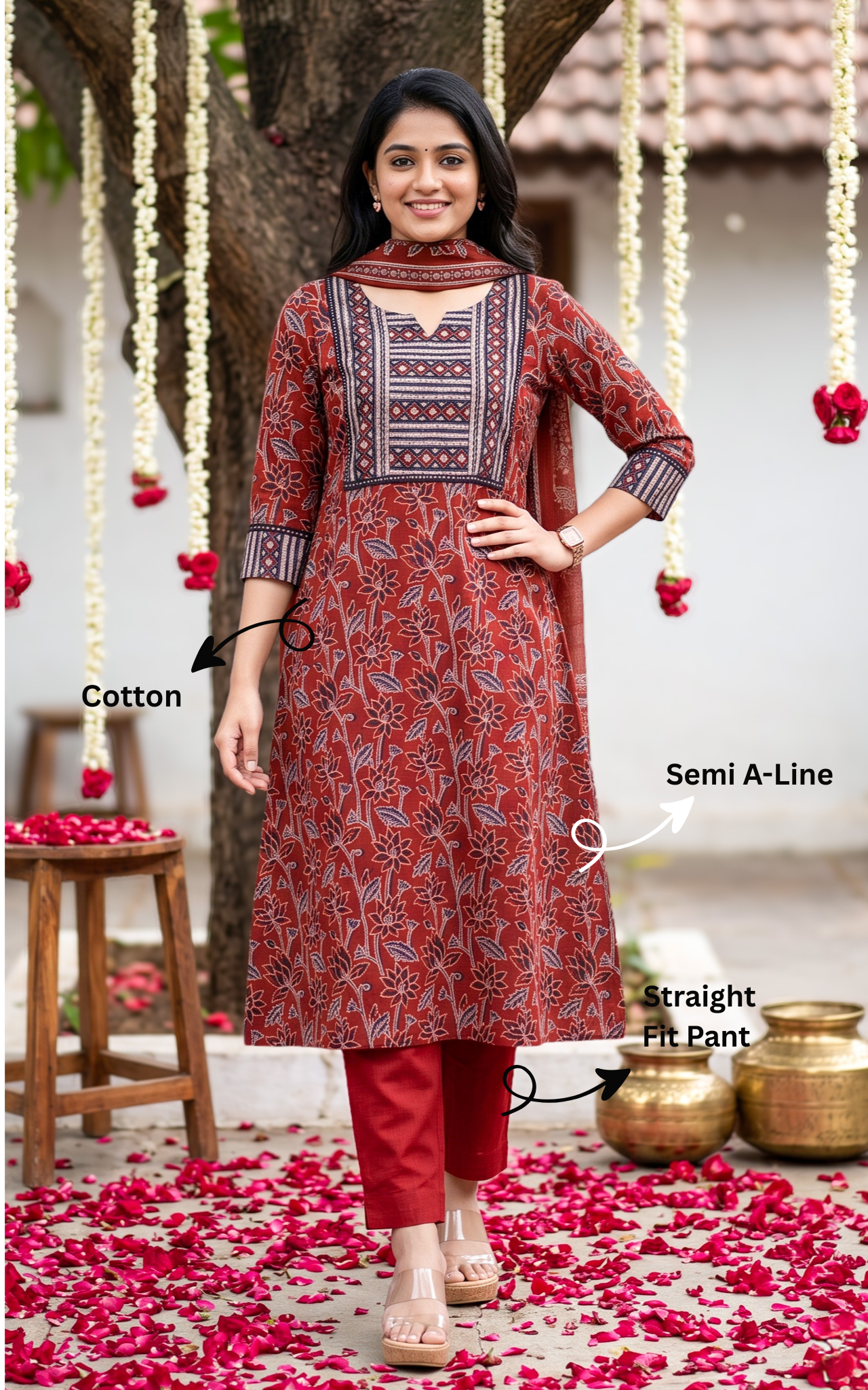 Instore – Maroon Ruthra Kurti Pant Dupatta Set for Women – Georgette – Printed – Ethnic Wear