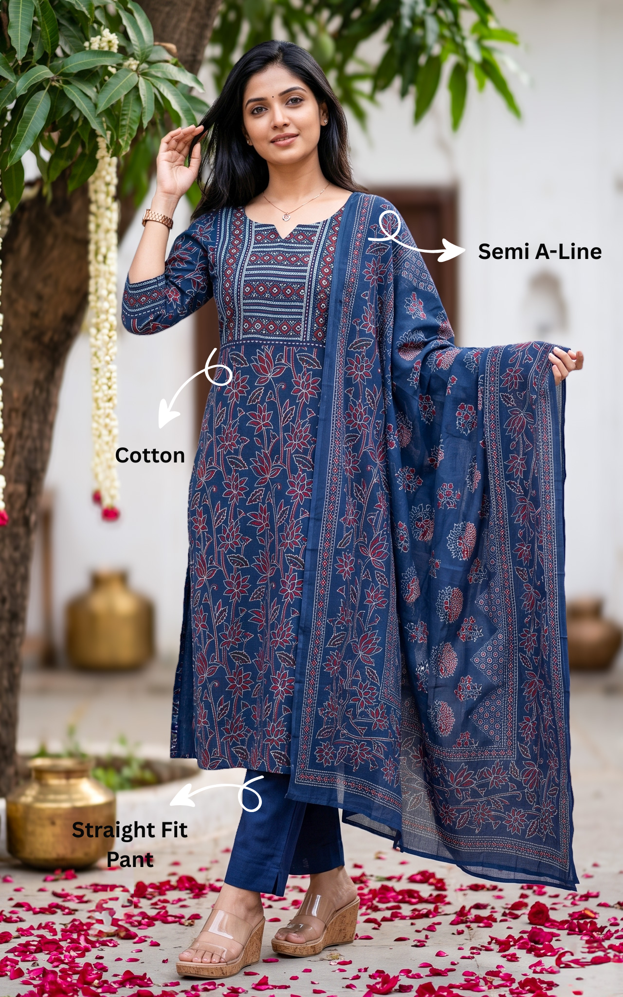 Instore – Navy Blue Ruthra Kurti Pant Dupatta Set for Women – Georgette – Printed – Ethnic Wear