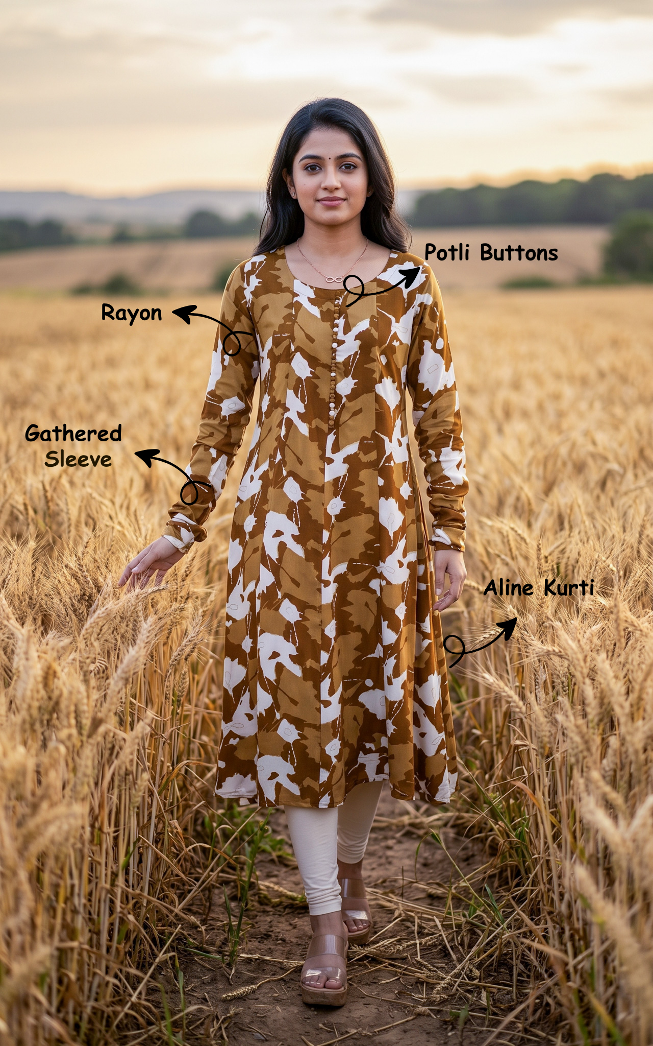 Khaki Rayon Gathered Sleeve Kurti for Women
