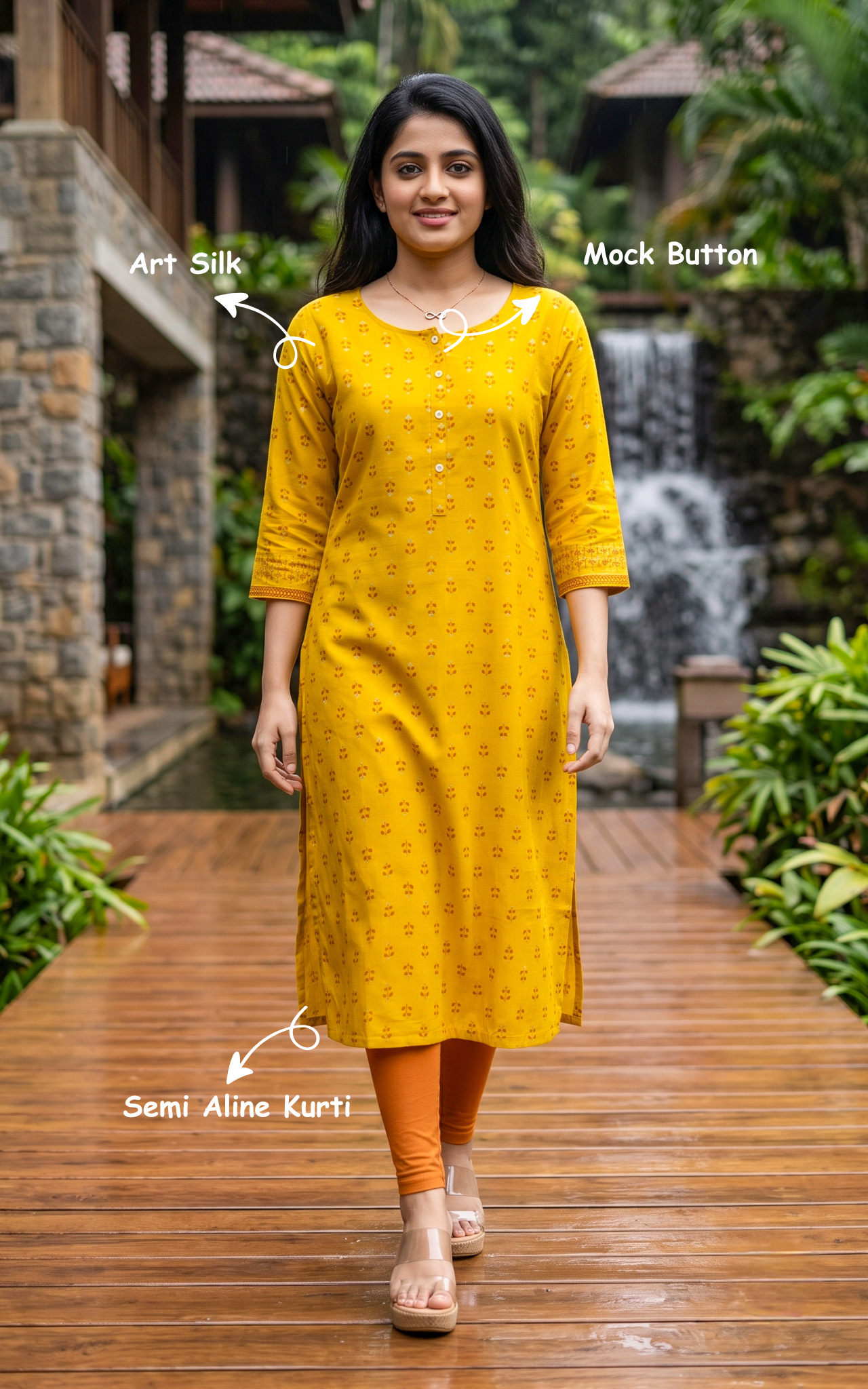 Yellow Art Silk Round Neck Kurti for Women