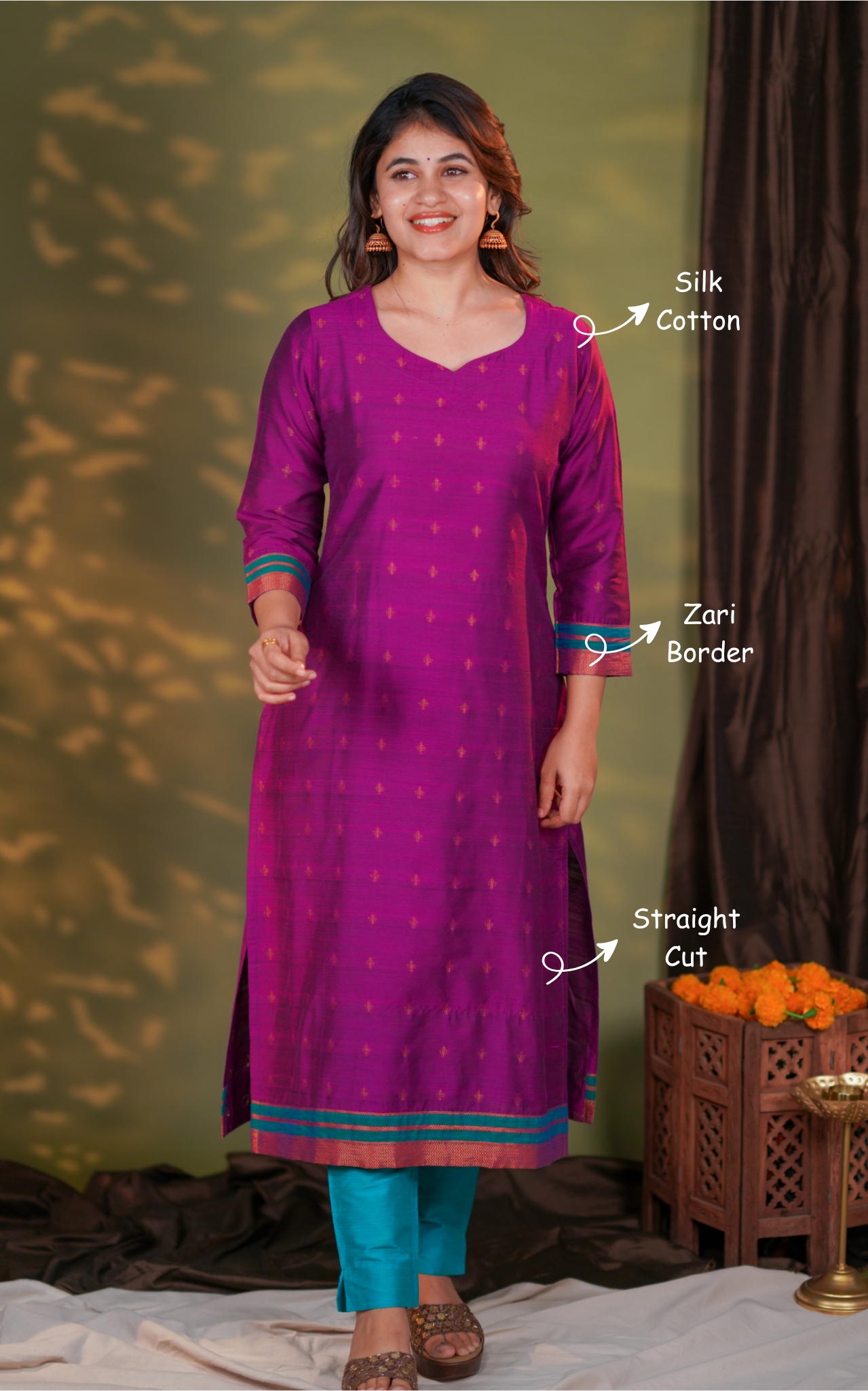 design highlights minimal elegance blended with festive detailing, making it ideal for occasions, gatherings, and everyday ethnic wear.