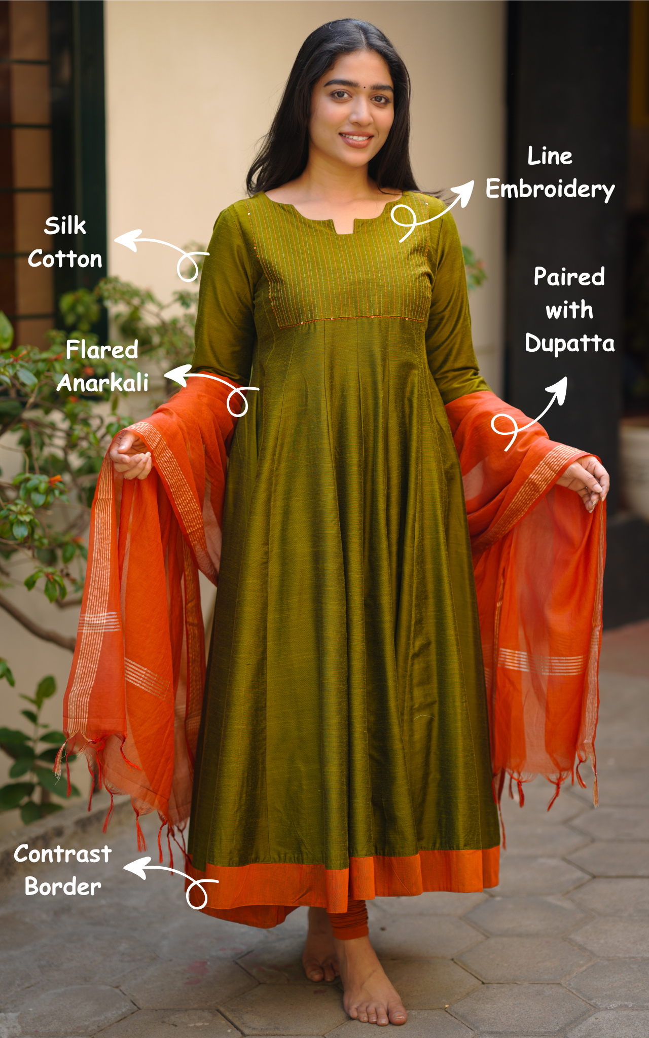 Elegant Olive Green Full Flared Anarkali with Line Embroidery
Olive Green Silk Cotton Anarkali Set with Matching Dupatta