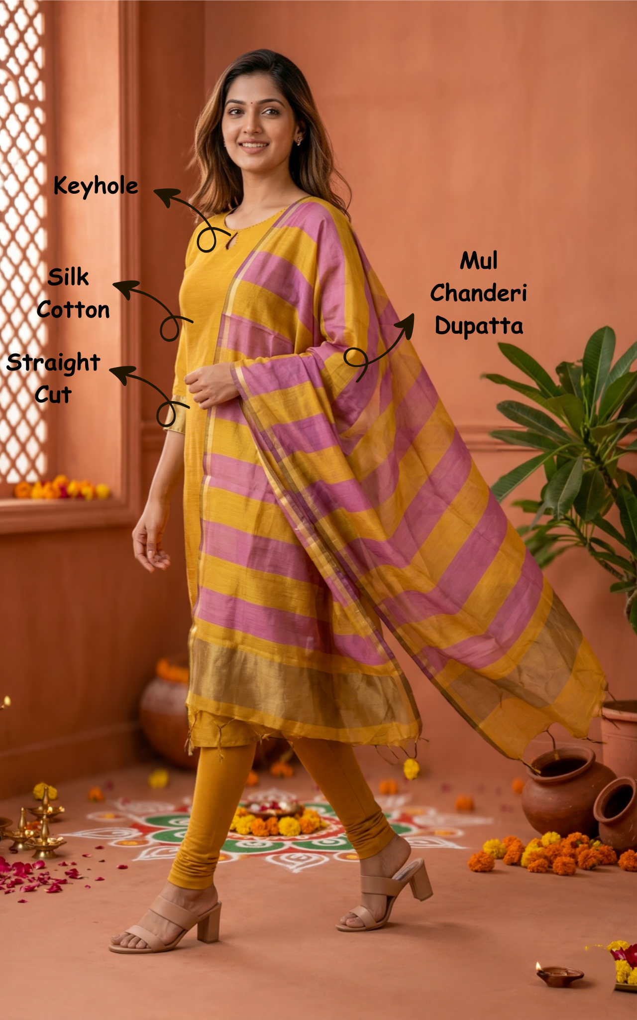 Instore – Mustard Nilavazhagi Straight Cut Kurti with Dupatta for Women – Silk Cotton – Keyhole Neck – Festive Ethnic Wear