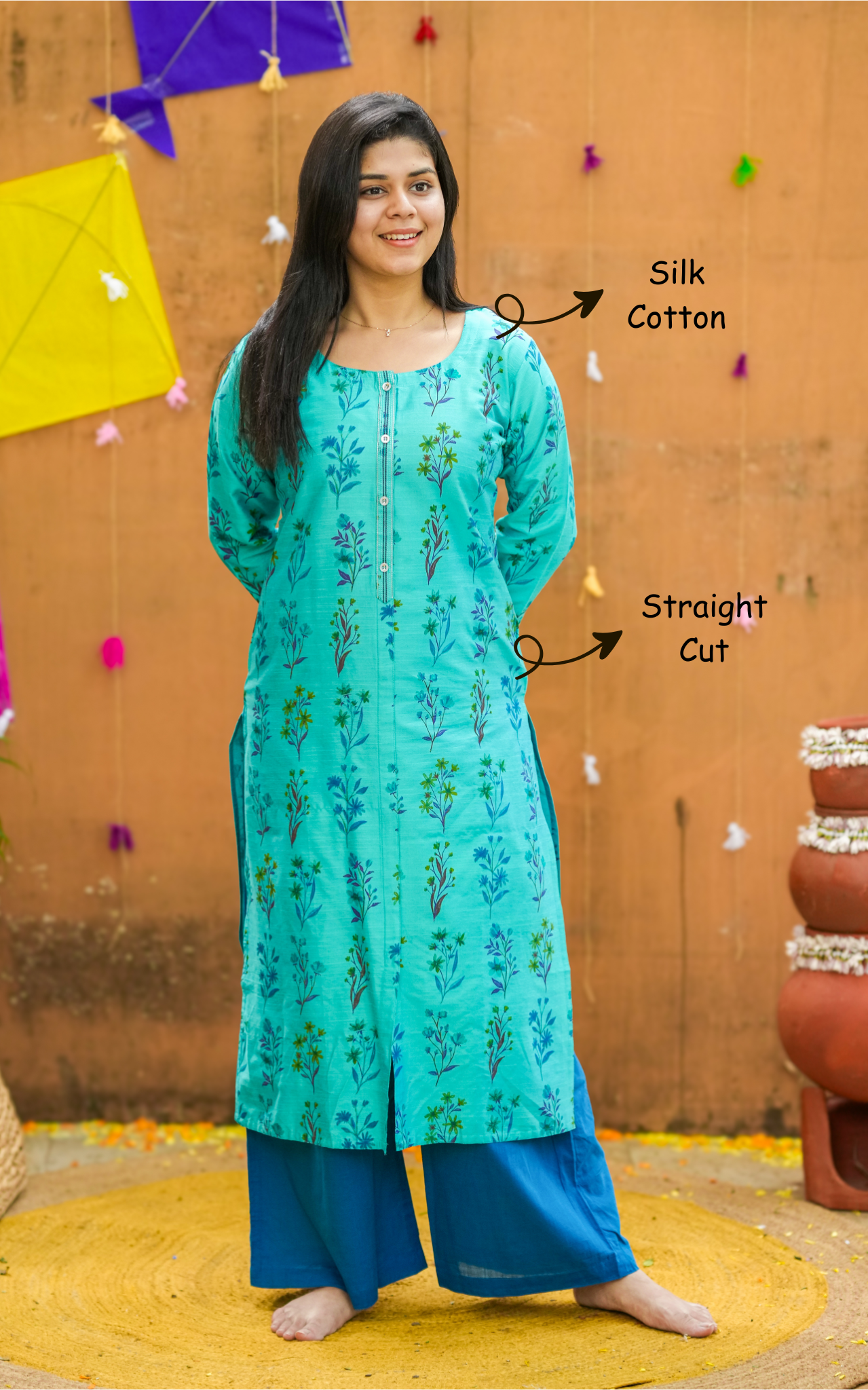 Instore - Aqua Color Silk Cotton Straight Cut Kurti with Front & Side Slits and Side Pocket and No Lining