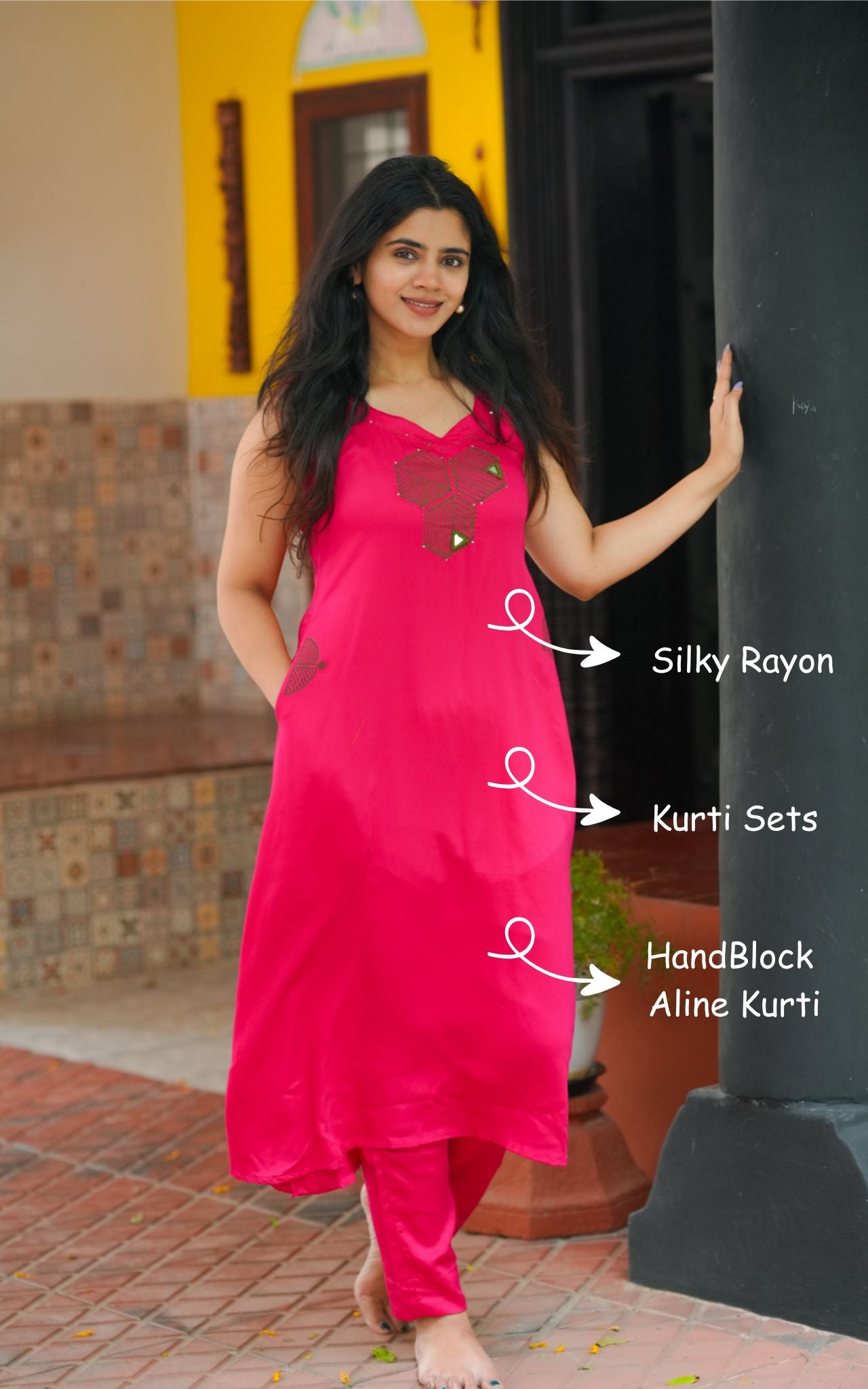 Instore – Harika Cotton Handblock Straight Cut Kurti with Side Slit and Pant with Elastic Waistband – Women's Ethnic Set