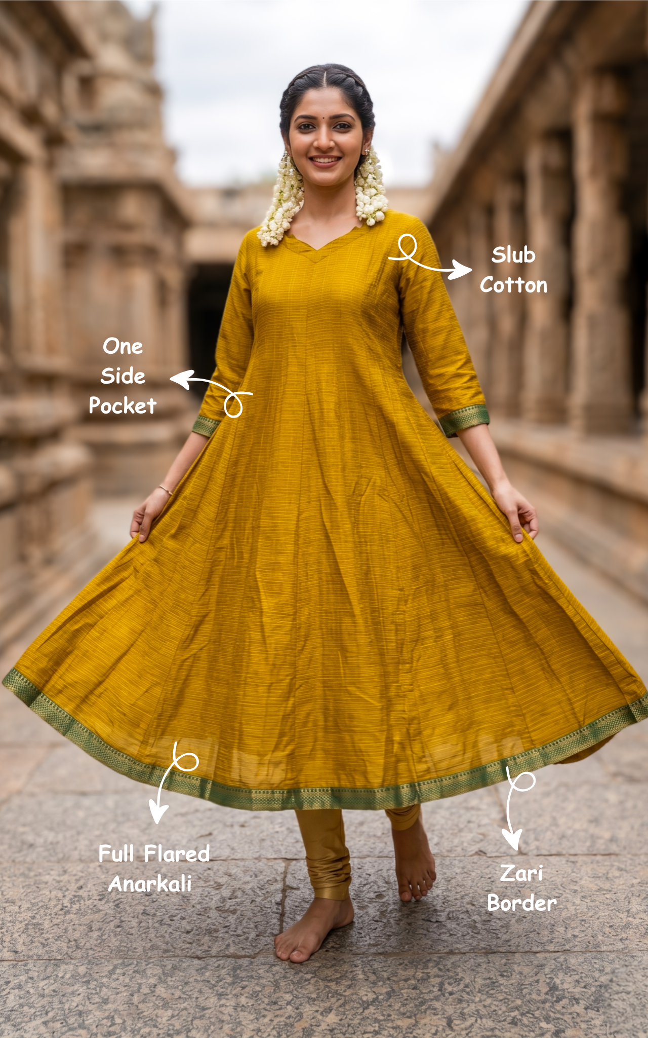Instore – Mustard Azhagumalar Anarkali Kurti for Women – Slub Cotton – Contrast Zari Border – Festive Ethnic Wear