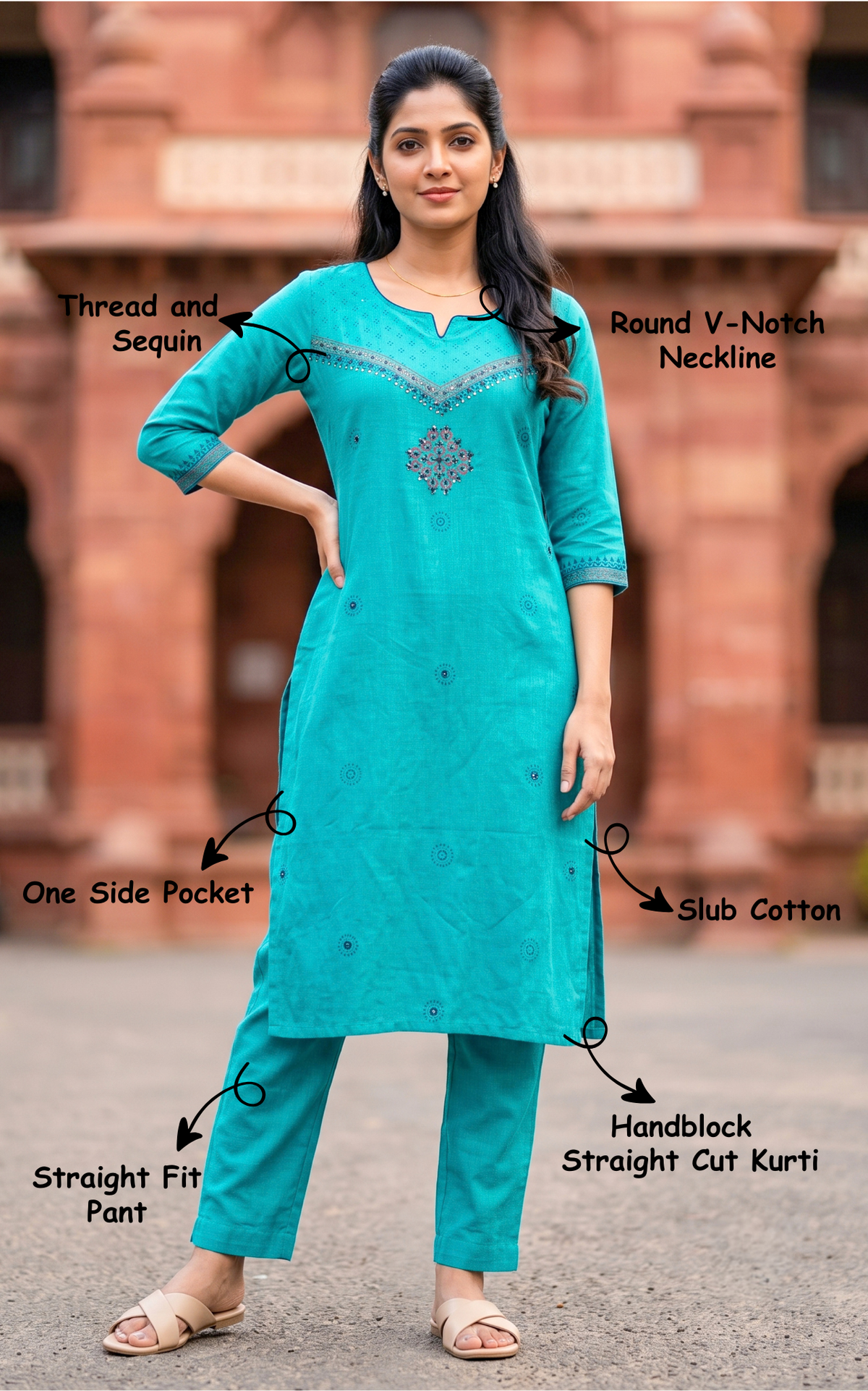 Blue Slub Cotton Kurti Set with Full Elastic Waistband Pant for Women