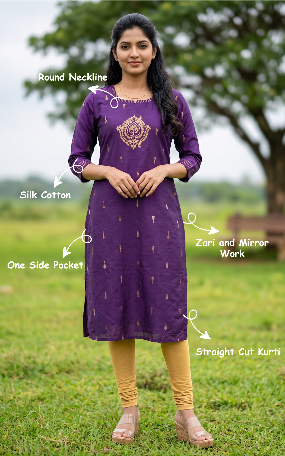 Purple Silk Cotton Ethnic Wear Straight Cut Kurti for Women