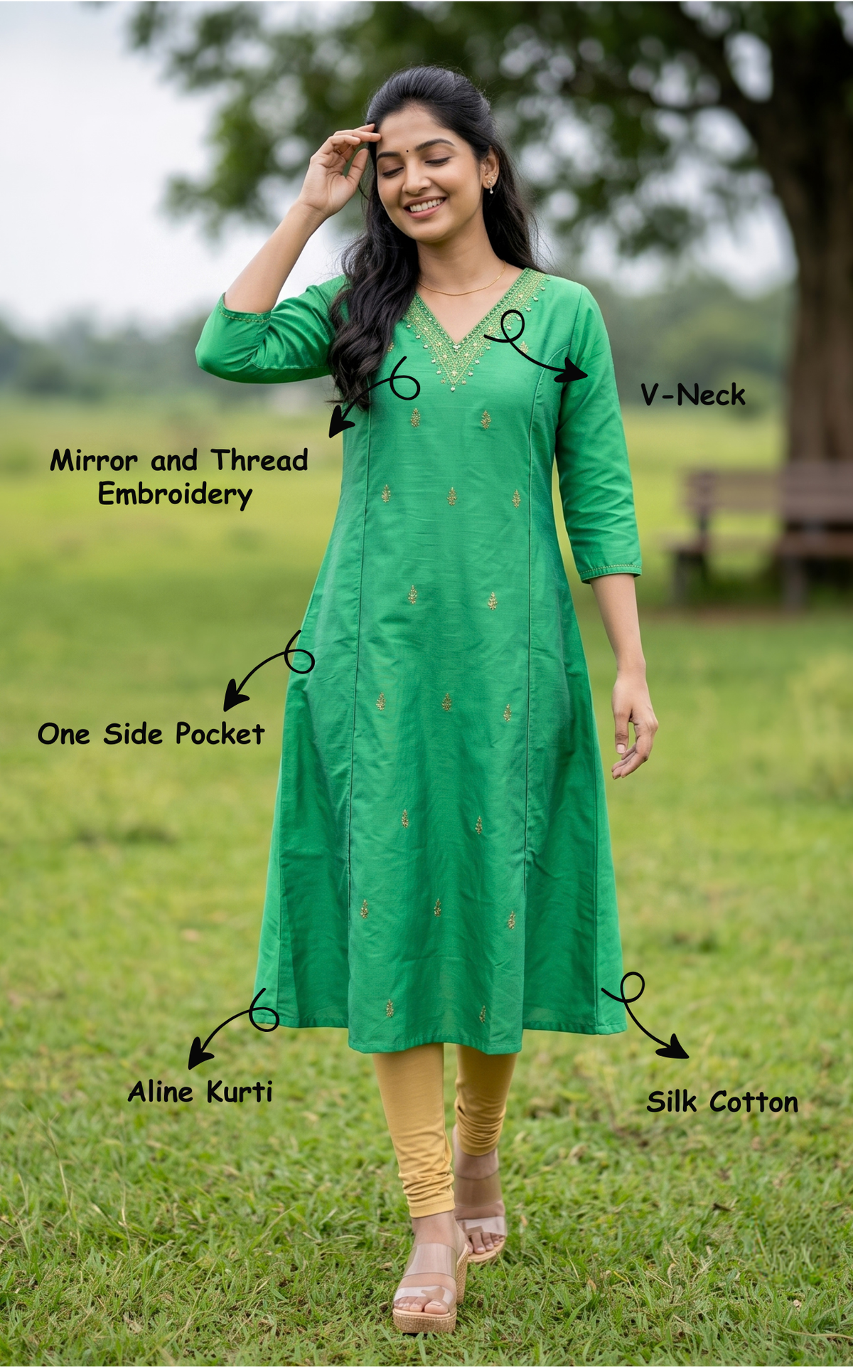 Green Silk Cotton Stylish V-Neck Aline Kurti for Women