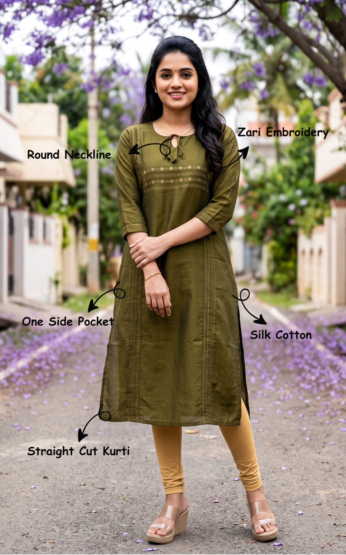 Dark Olive Green Silk Cotton Straight Cut Kurti with Intricate Zari Embroidery for Women