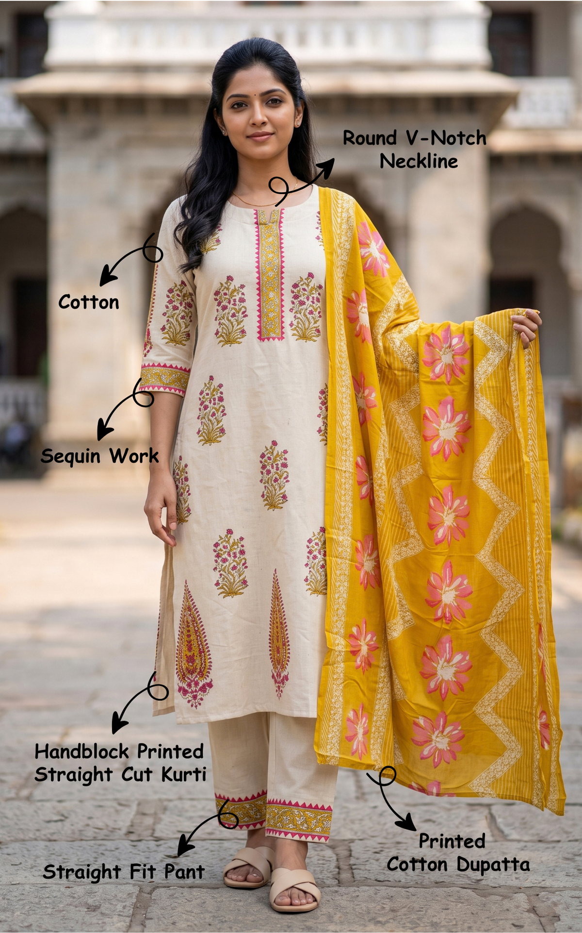 Ivory and Mustard Cotton Straight Cut Kurti Set with Delicate Sequin Work for Women