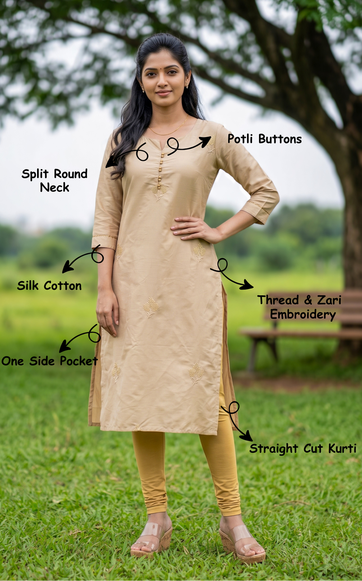 Beige Silk Cotton Straight Cut Kurti with Potli Buttons for Women