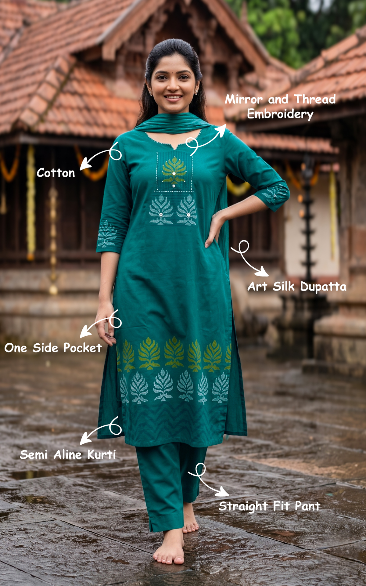 Teal Cotton Office Wear Semi Aline Kurti Set for Women
