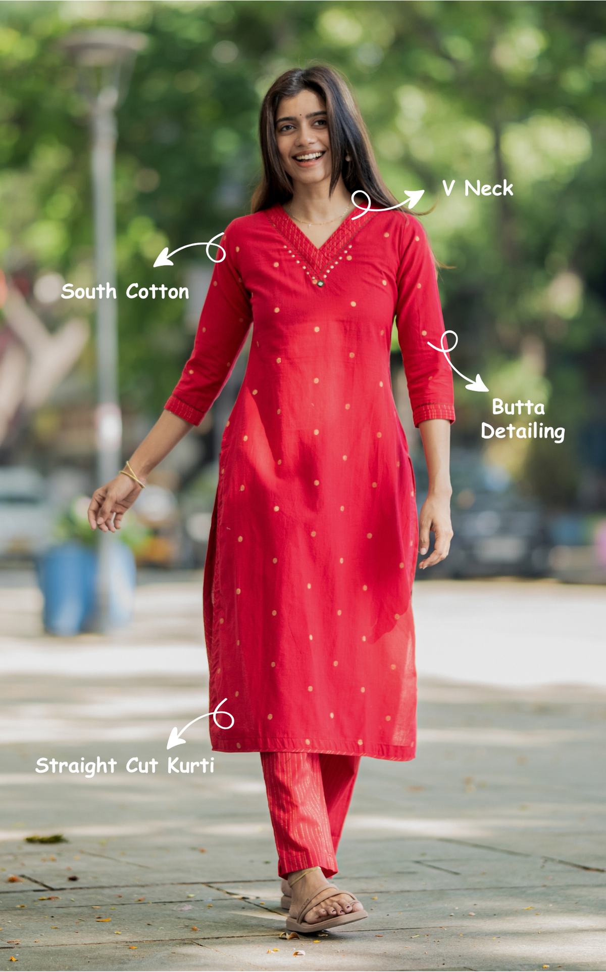 Red South Cotton Ethnic Wear Straight Cut Kurti for Women