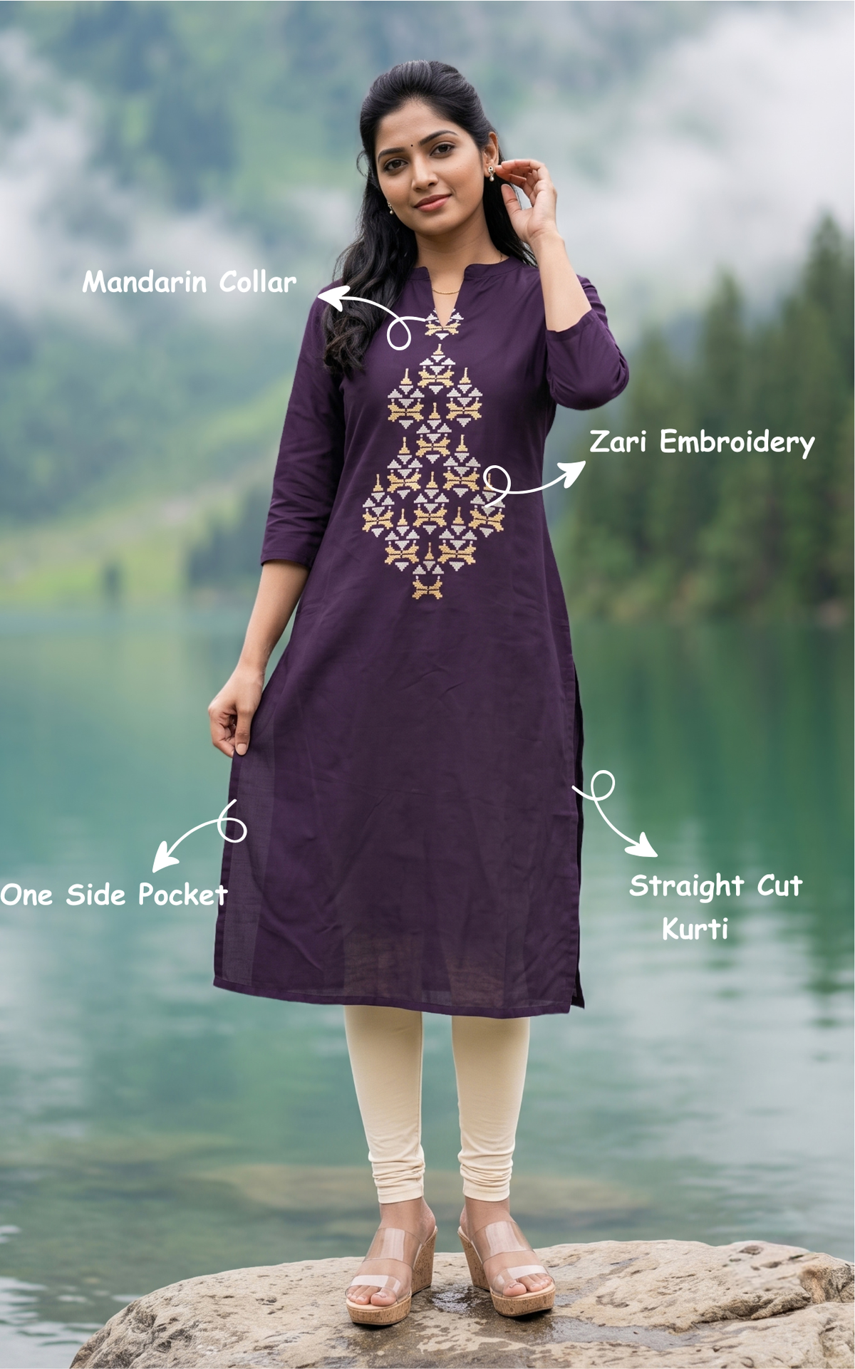 Dark Violet Silk Cotton Straight Cut Kurti with Mandarin Collar Neck for Women