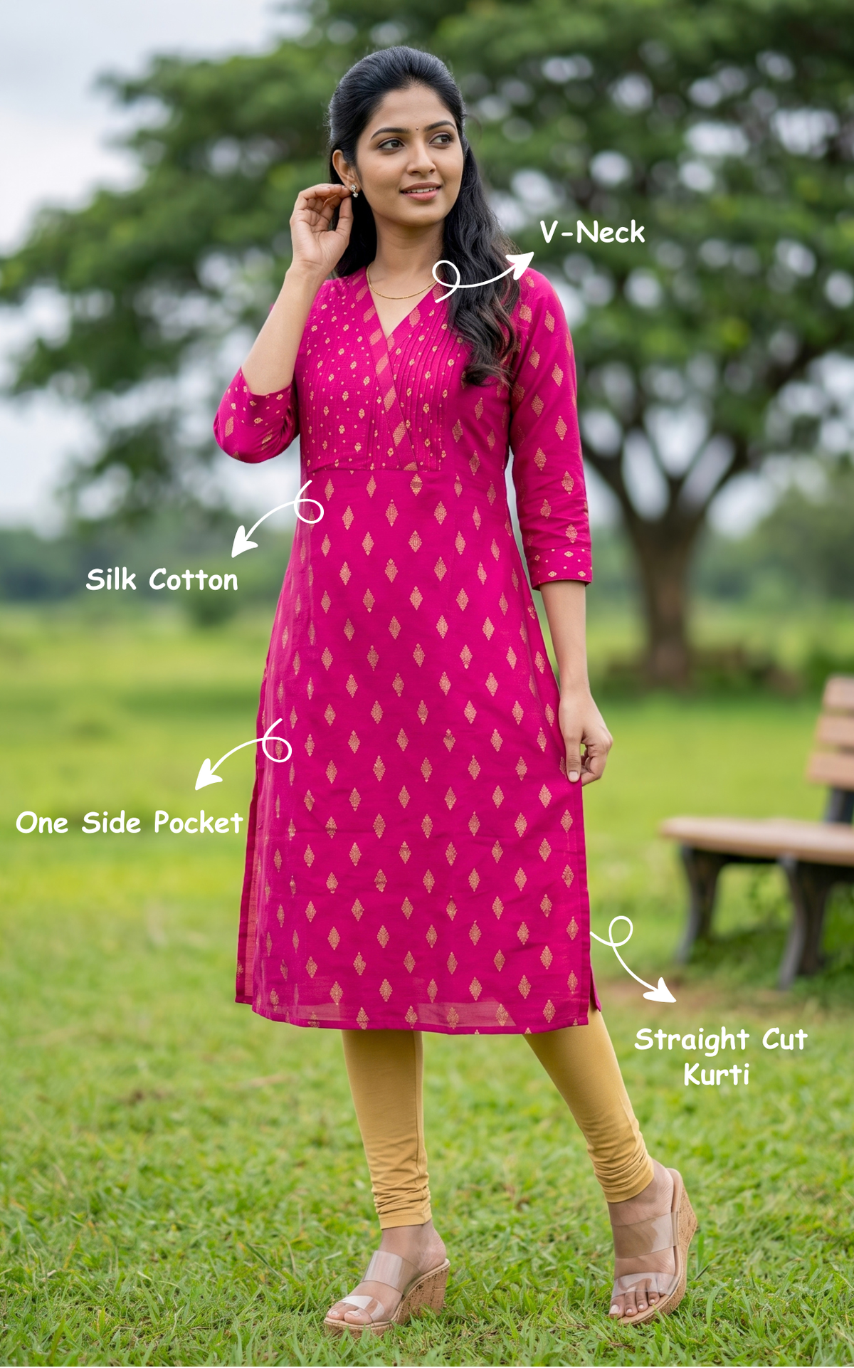 Magenta Silk Cotton Stylish Straight Cut Kurti for Women