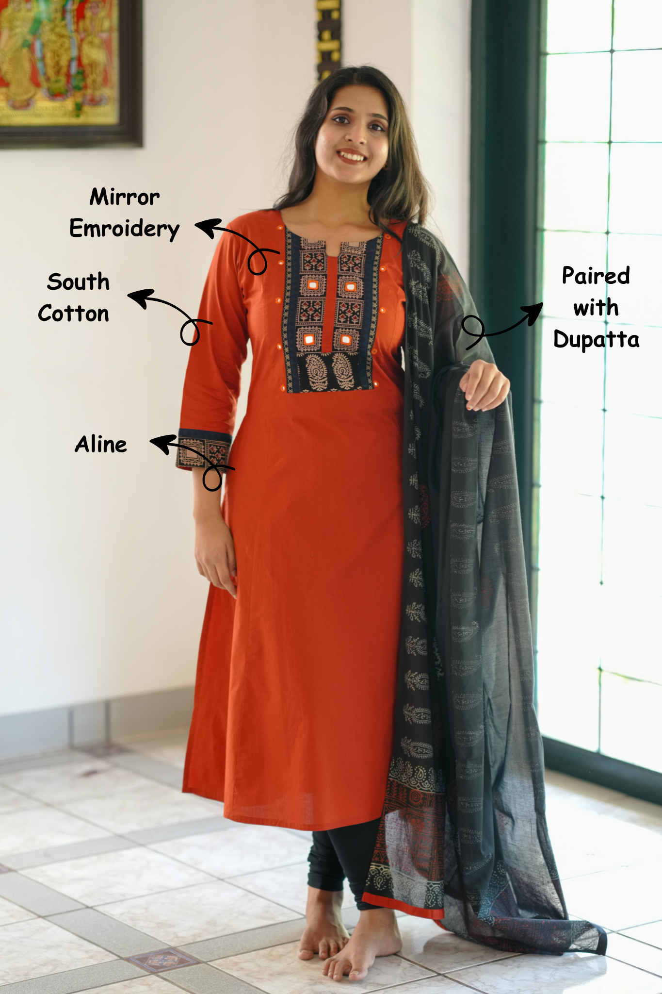 rust cotton kurti set for women