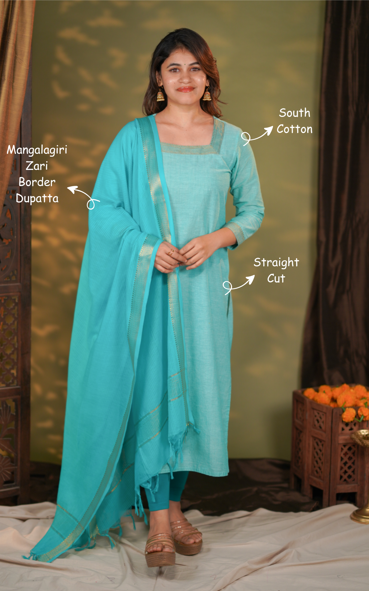 south cotton straight cut kurti with mangalagiri zari border dupatta