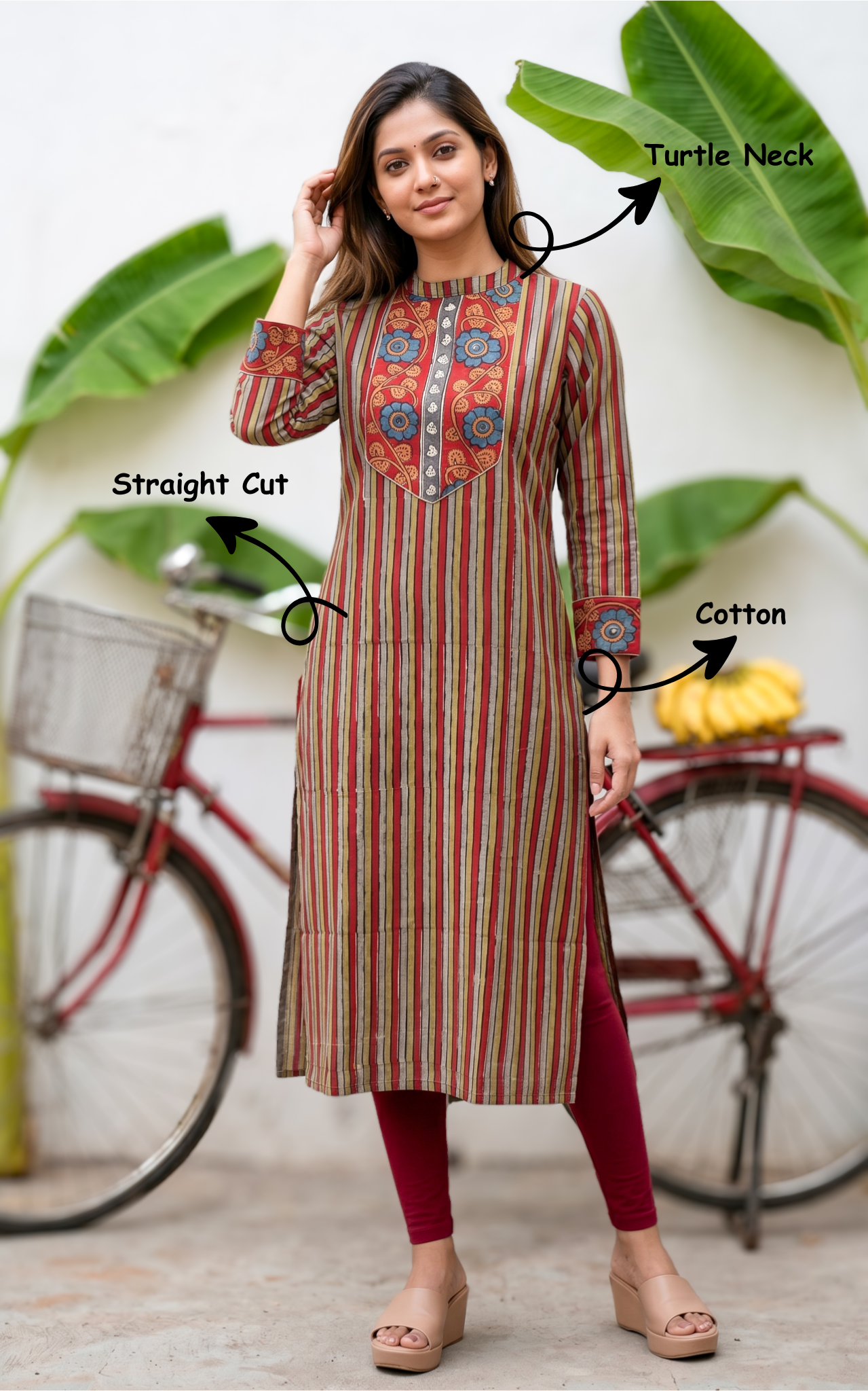 Maroon Cotton Ethnic Kurti With Modern Neck Women