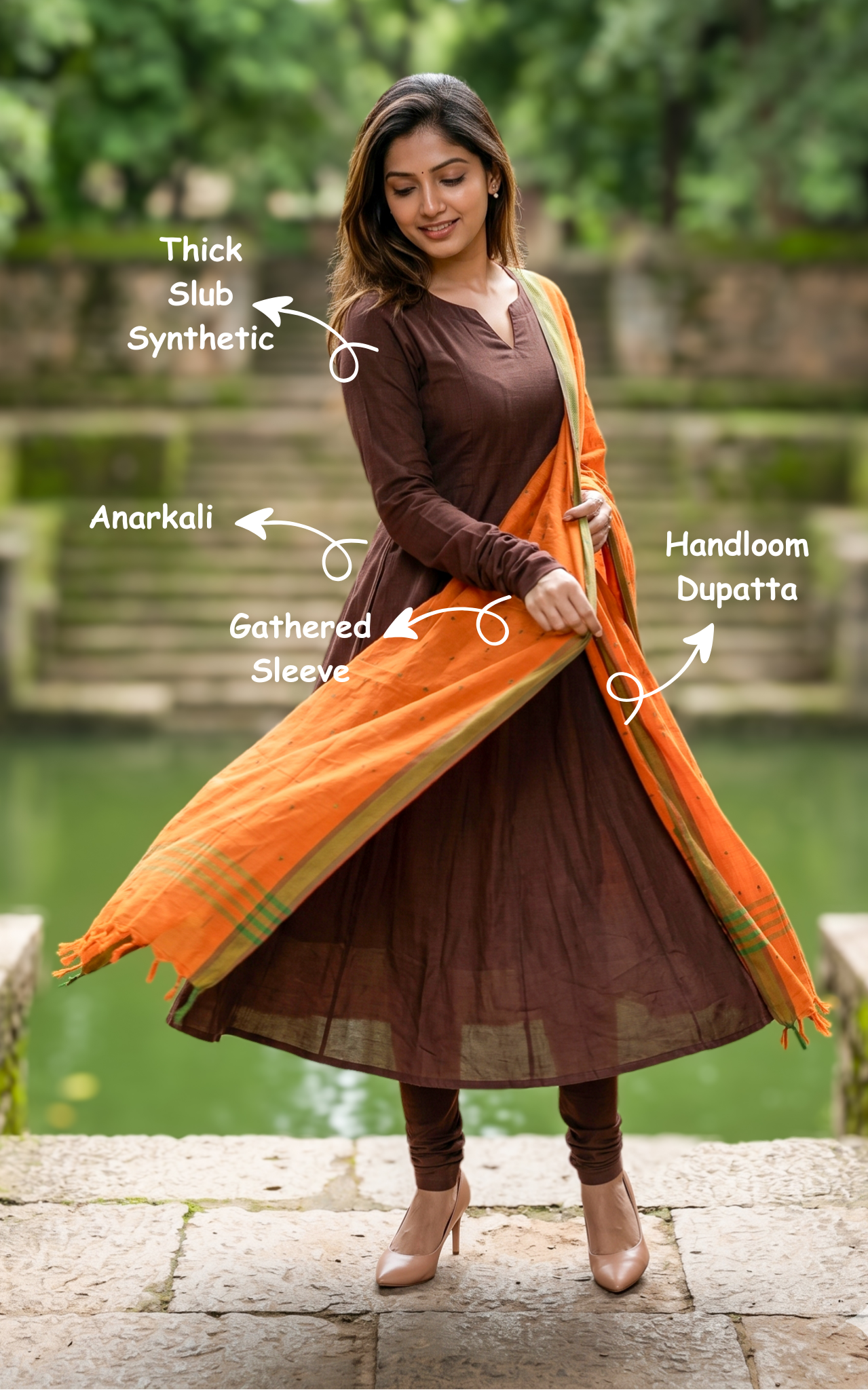 Instore – Brown Slub Synthetic Anarkali Kurti with Dupatta for Women – Gathered Sleeves – Ethnic Wear