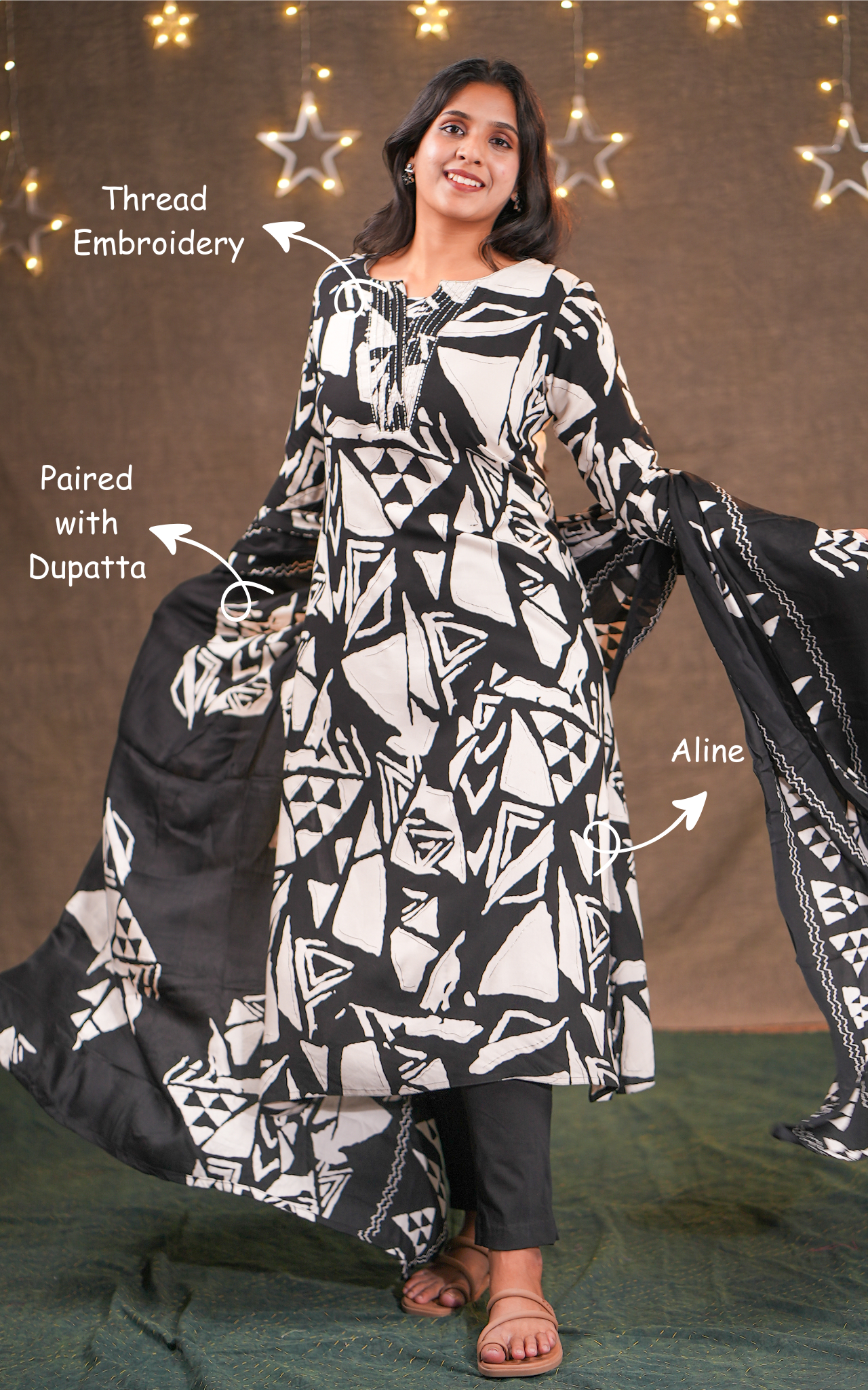 Instore - Black & White Color Rayon Aline Kurti with Side Slit Paired with a Dupatta & No Lining
