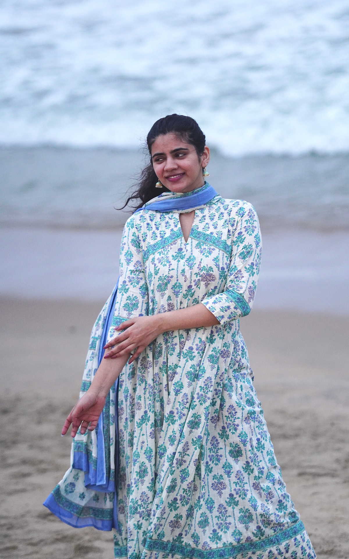 Off White and Sky Blue Cotton Flared Anarkali Kurti with Dupatta for Women