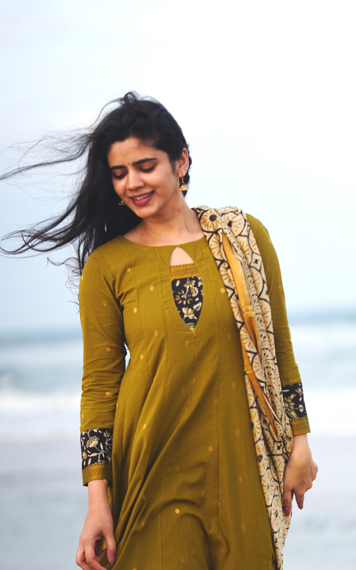 Mehandi Green South Cotton Flared Anarkali Kurti with Dupatta for Women