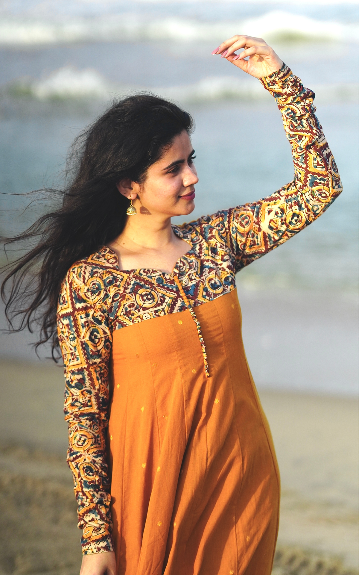 Mustard South Cotton Designer Flared Anarkali Kurti with Potli Buttons for Women