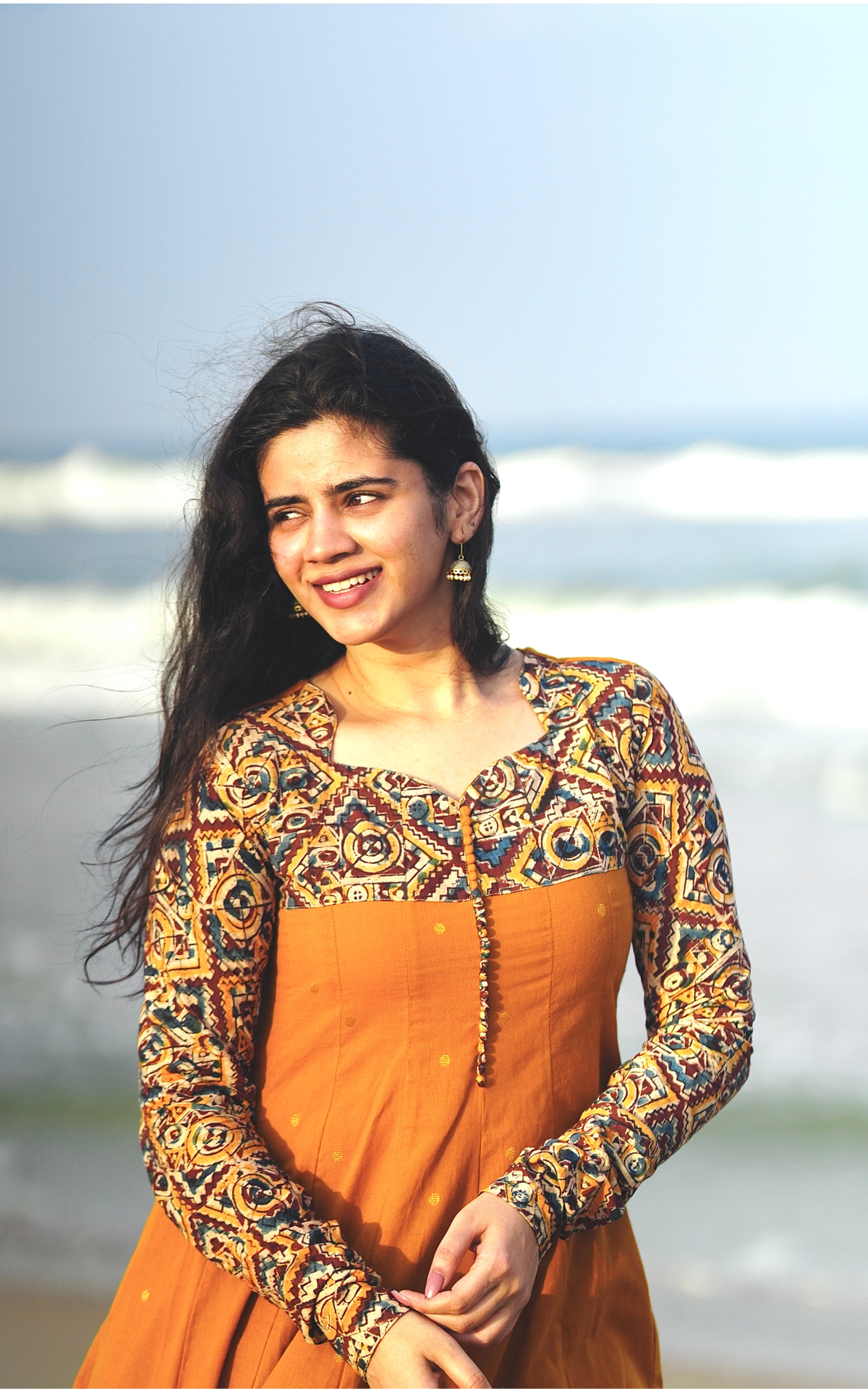 Mustard South Cotton Flared Anarkali Kurti with Elegant Back Knot for Women