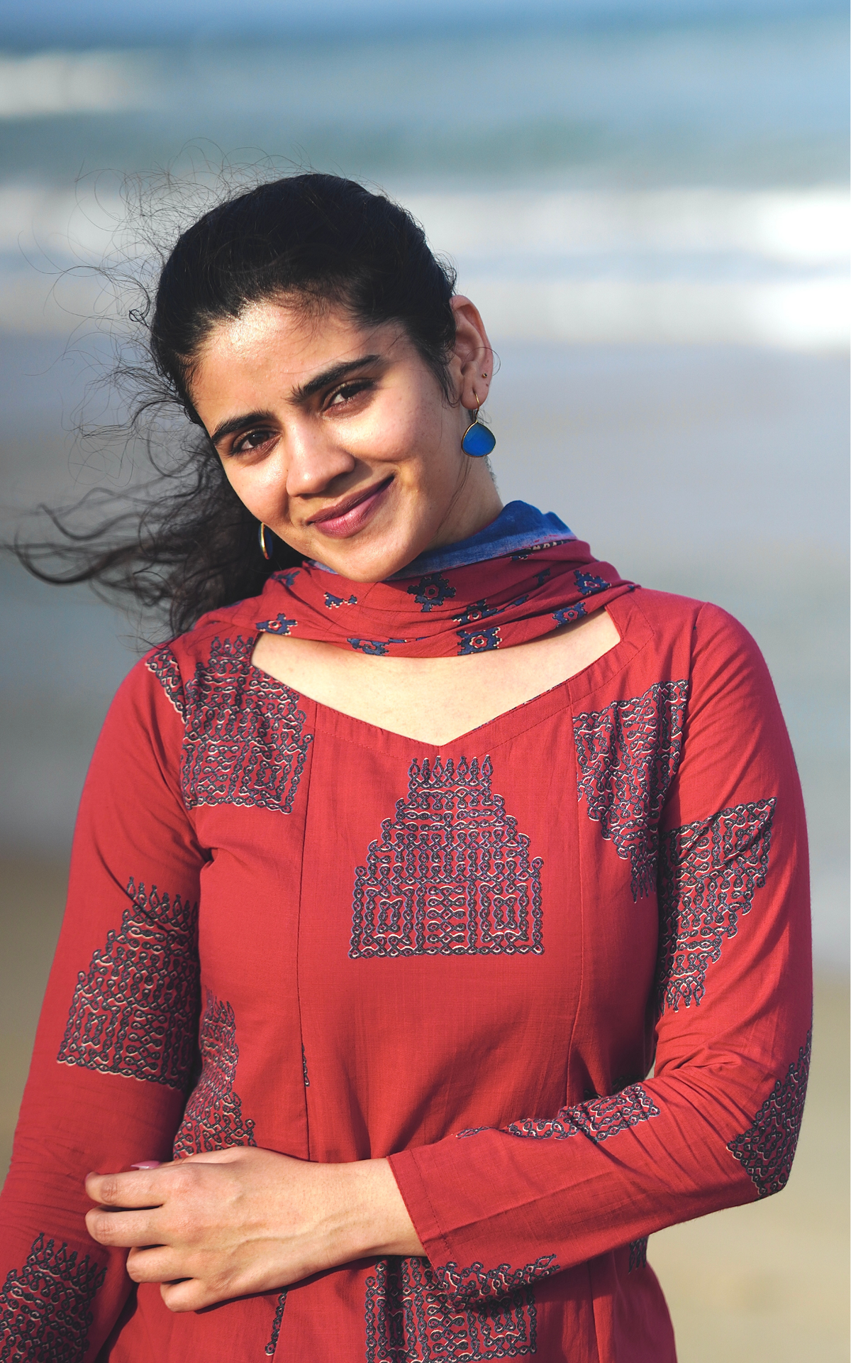 Brick Red Printed Cotton Anarkali Kurti with Dupatta for Women