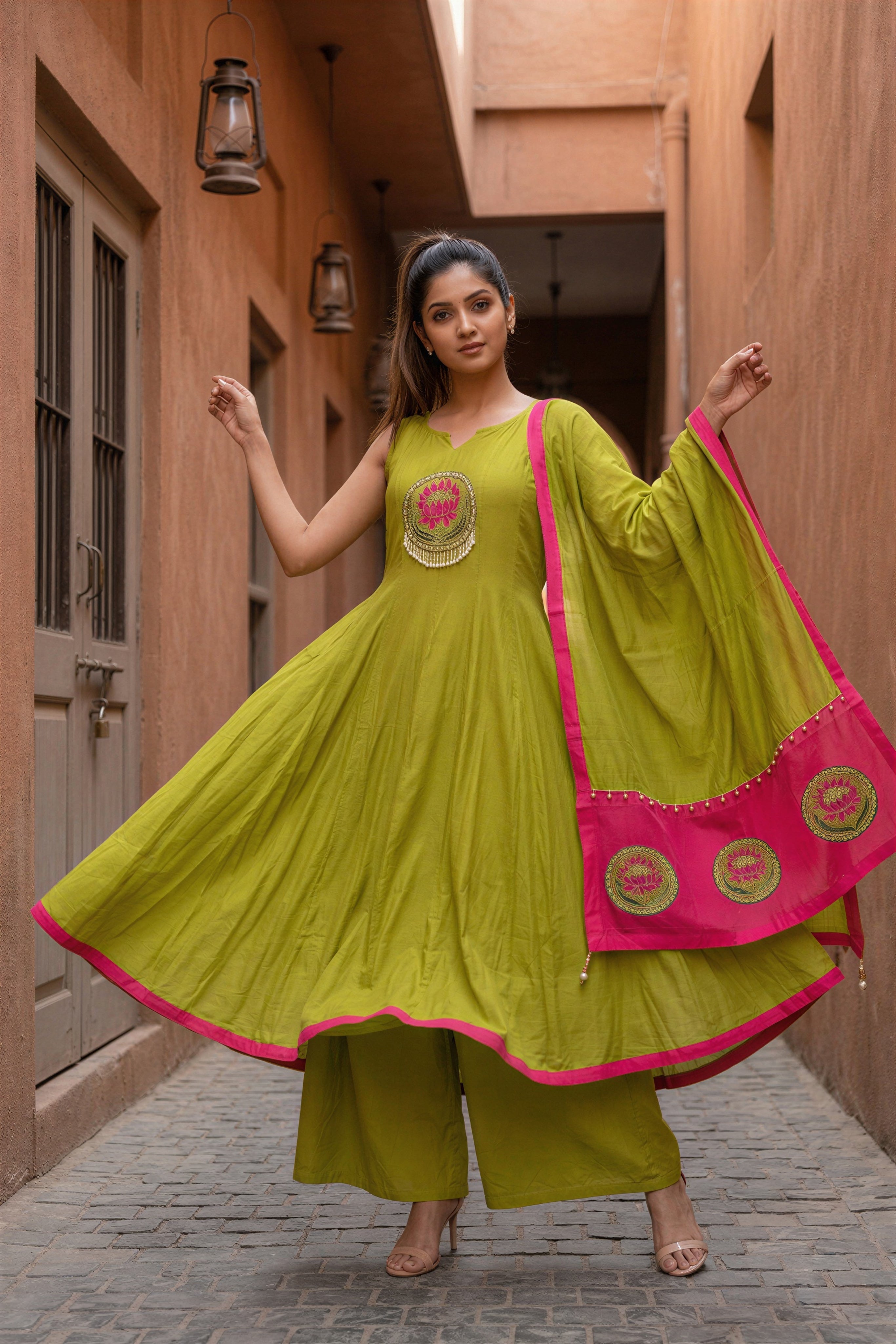 Instore – Mehandi Green Ilavenil Kurti Pant Dupatta Set for Women – Art Silk – Festive Ethnic Wear
