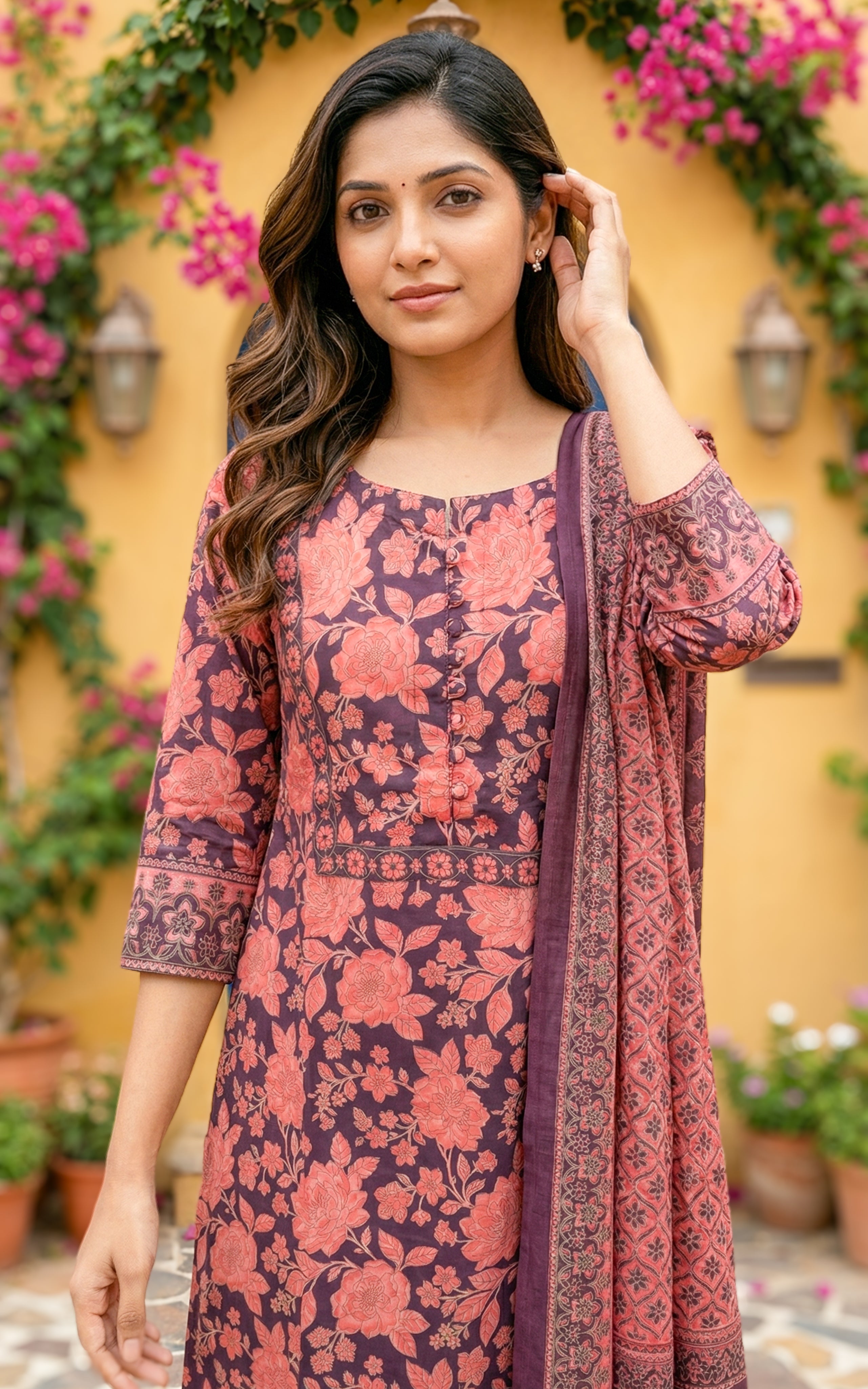 Elegant printed cotton kurti with matching dupatta
