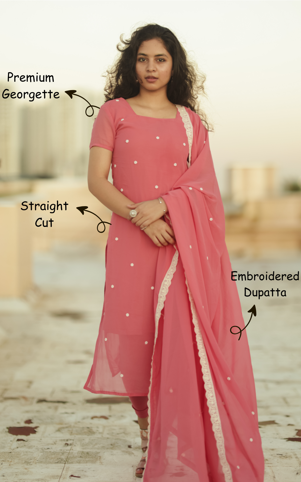 Inspired by Sneha's look from Vasool Raja MBBS, this peach straight-cut kurti with embroidered dupatta brings simple elegance.