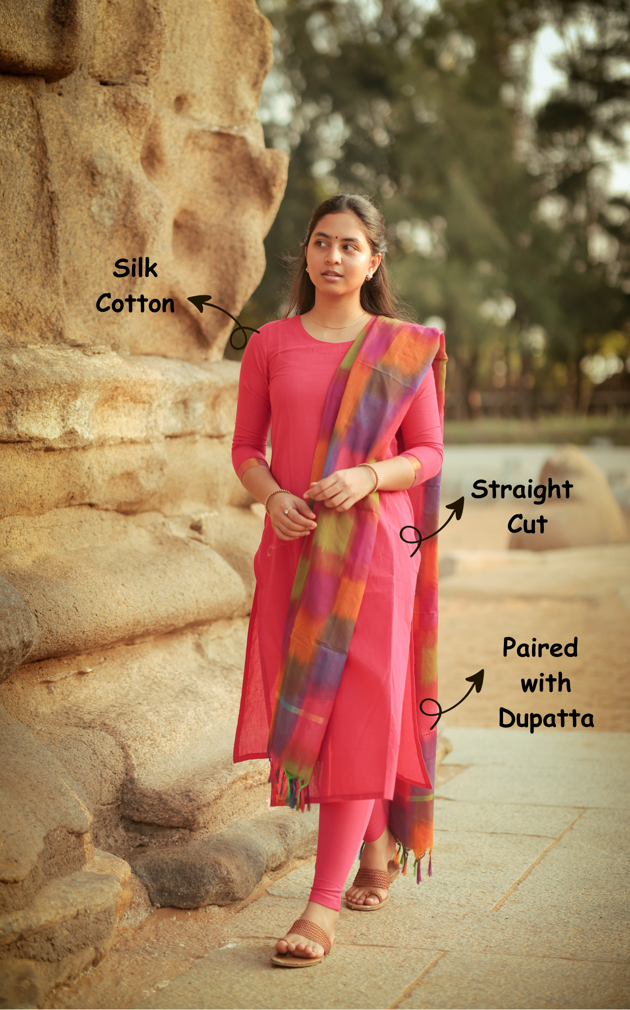 Instore - Dark Pink Silk Cotton Straight Cut Kurti with Side Slit & Multicolor Dupatta