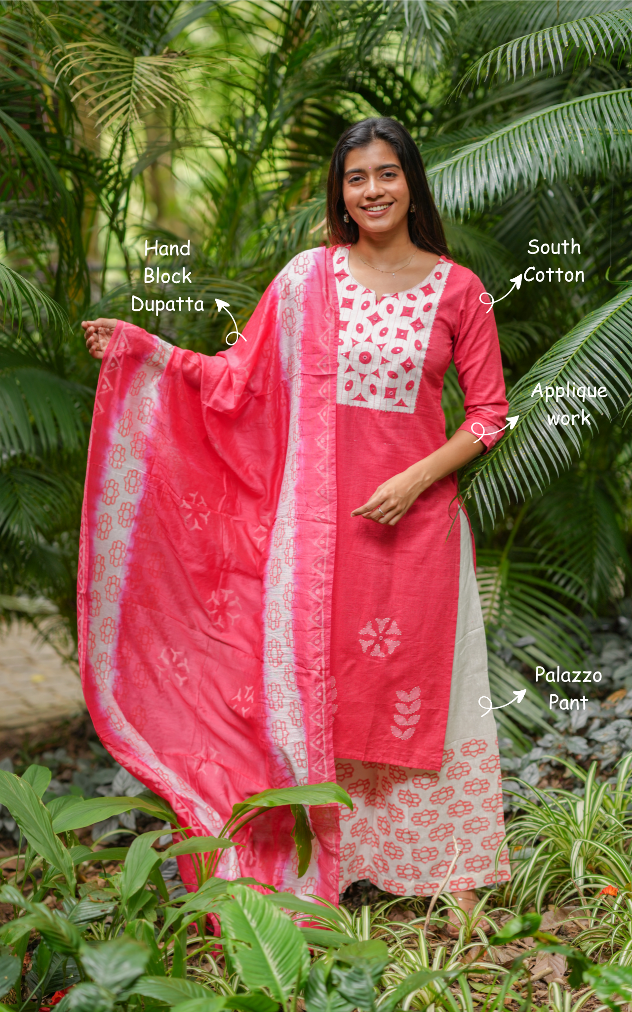 Neethinila Peach HandBlock (Kurti+Pant+Dupatta)