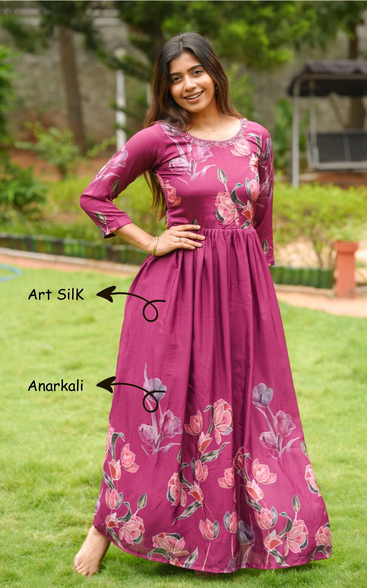 Woman wearing a pink floral anarkali dress