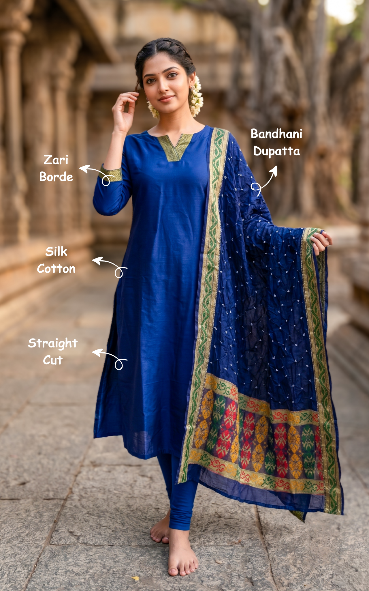 Silk cotton kurti with zari border detailing for women