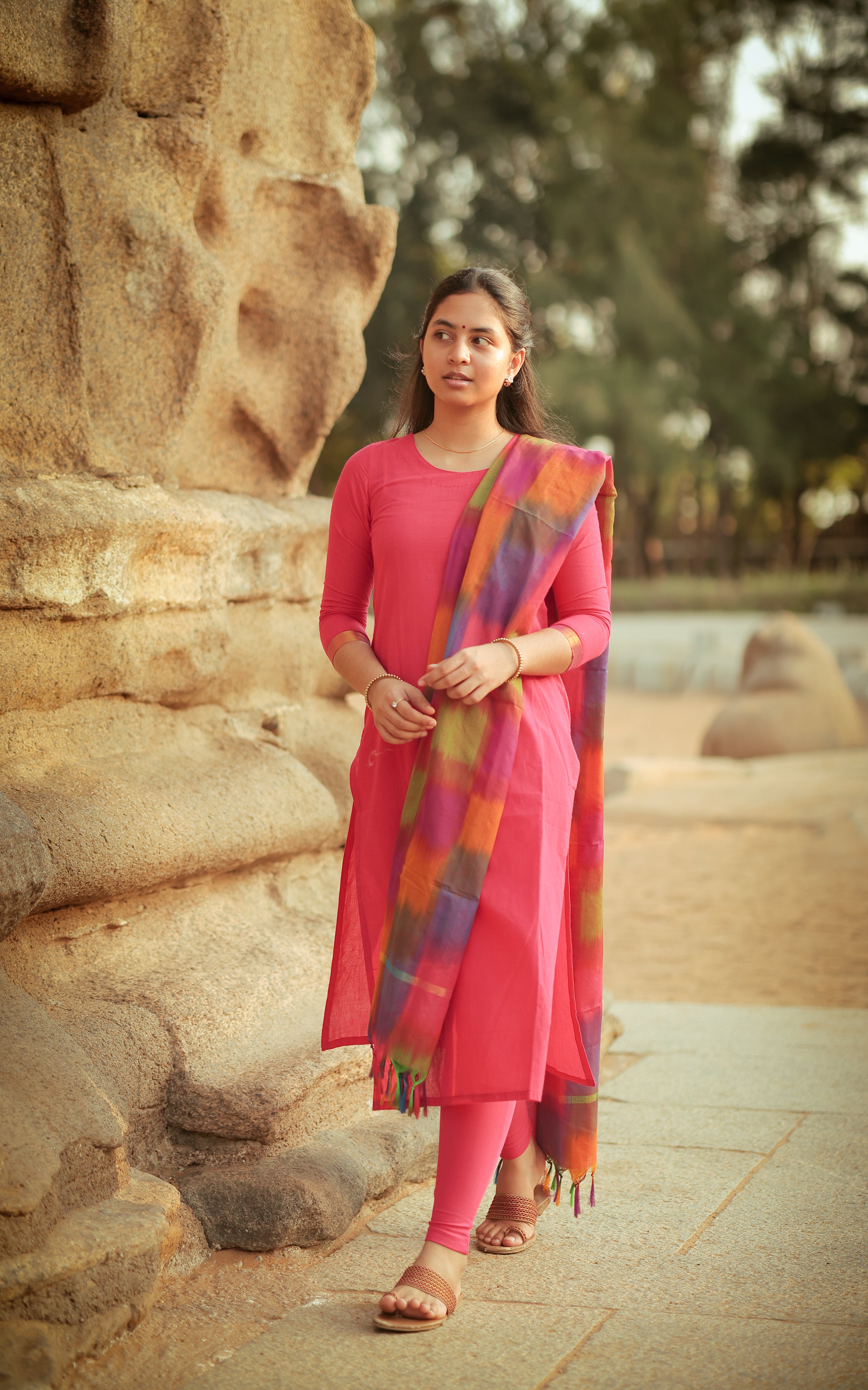 Instore - Dark Pink Silk Cotton Straight Cut Kurti with Side Slit & Multicolor Dupatta