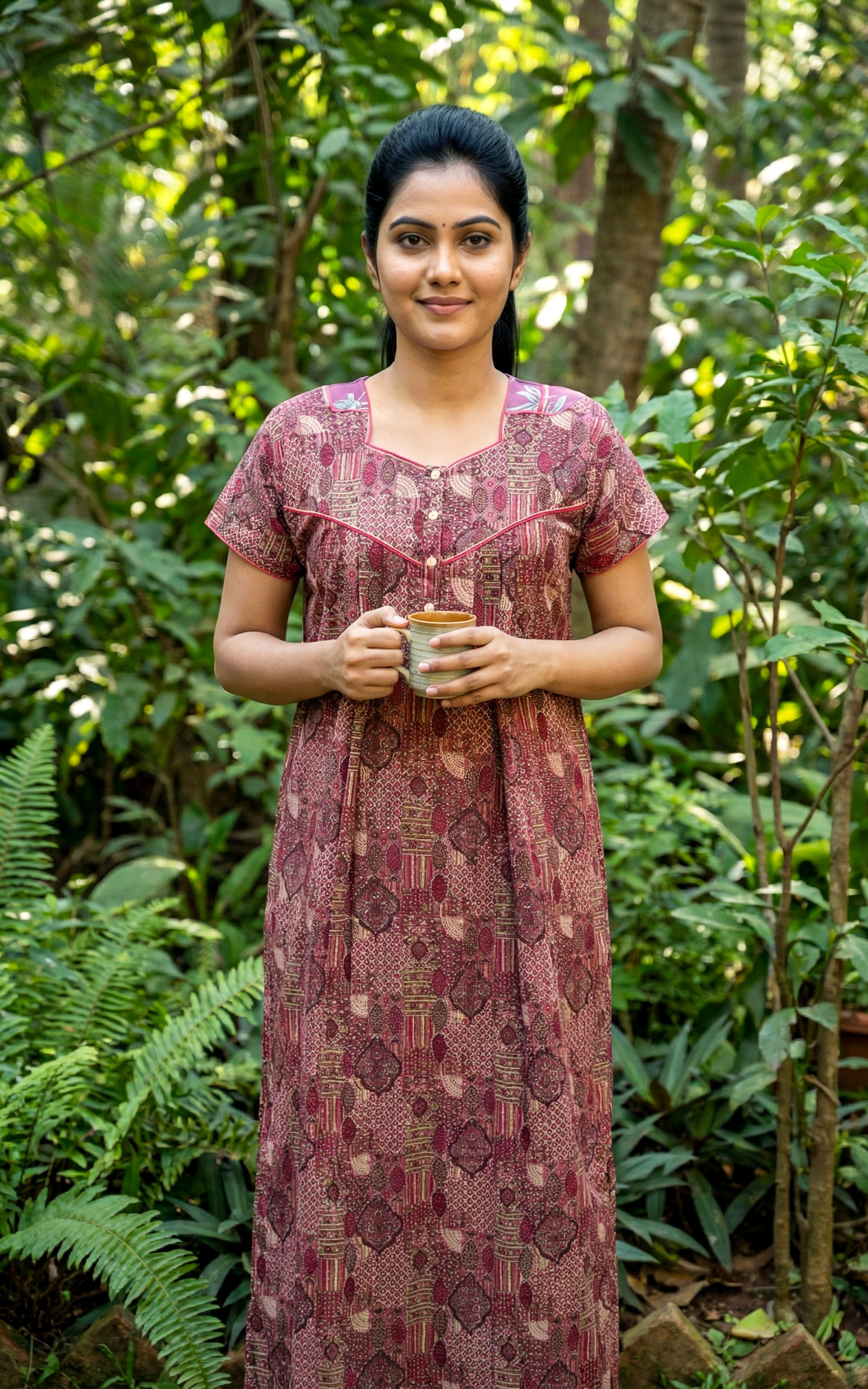 Instore – Purple Cotton Long Nighty, All-Over Traditional Print, Square/Soft V-Neck with Contrast Piping & Button Placket, Relaxed Fit, Women's Sleepwear