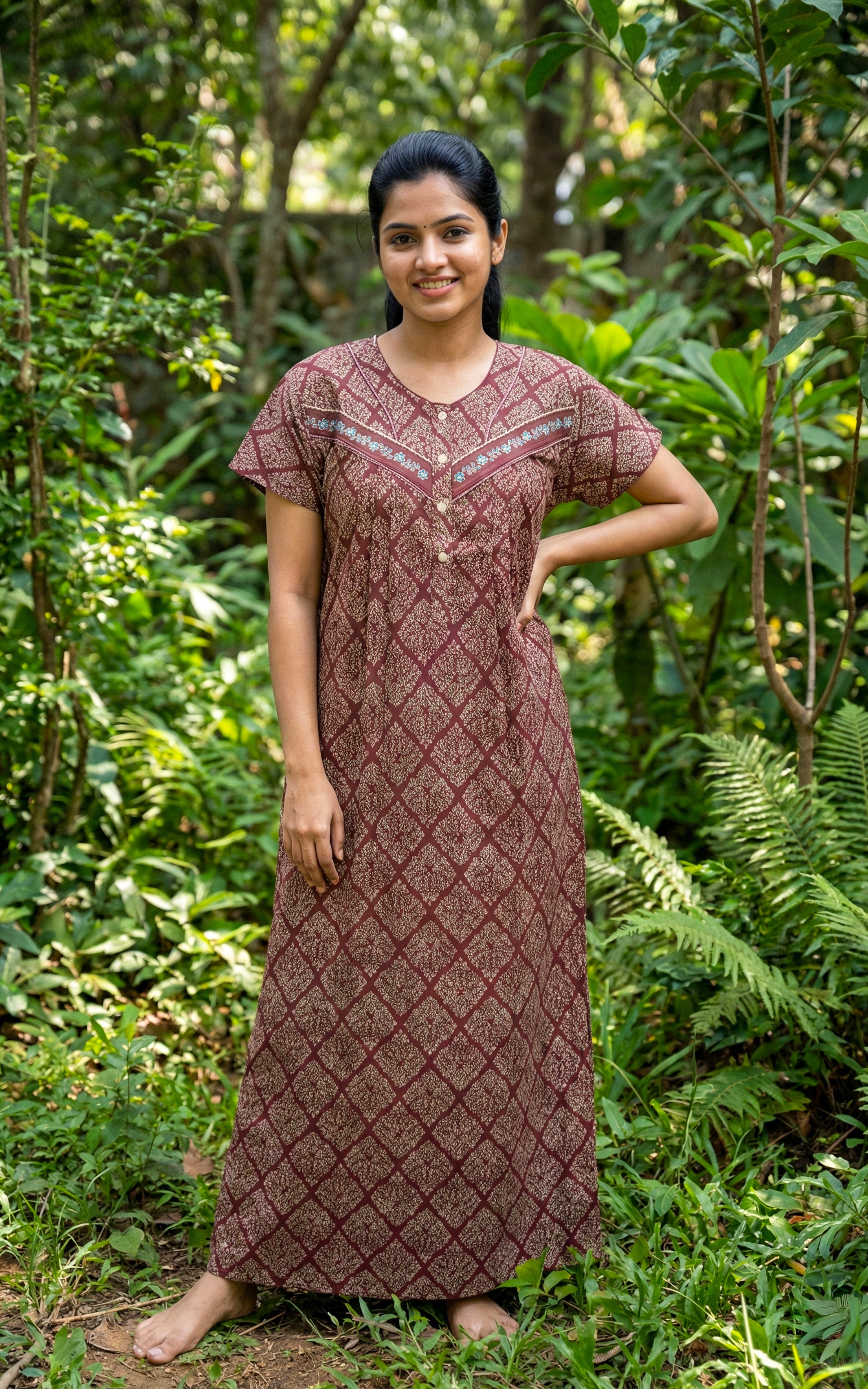 Instore – Maroon Cotton Long Nighty, All-Over Geometric Print, Round Neck with V-Shaped Embroidered Yoke & Front Button Placket, Flared Fit, Plus Size Women's Sleepwear