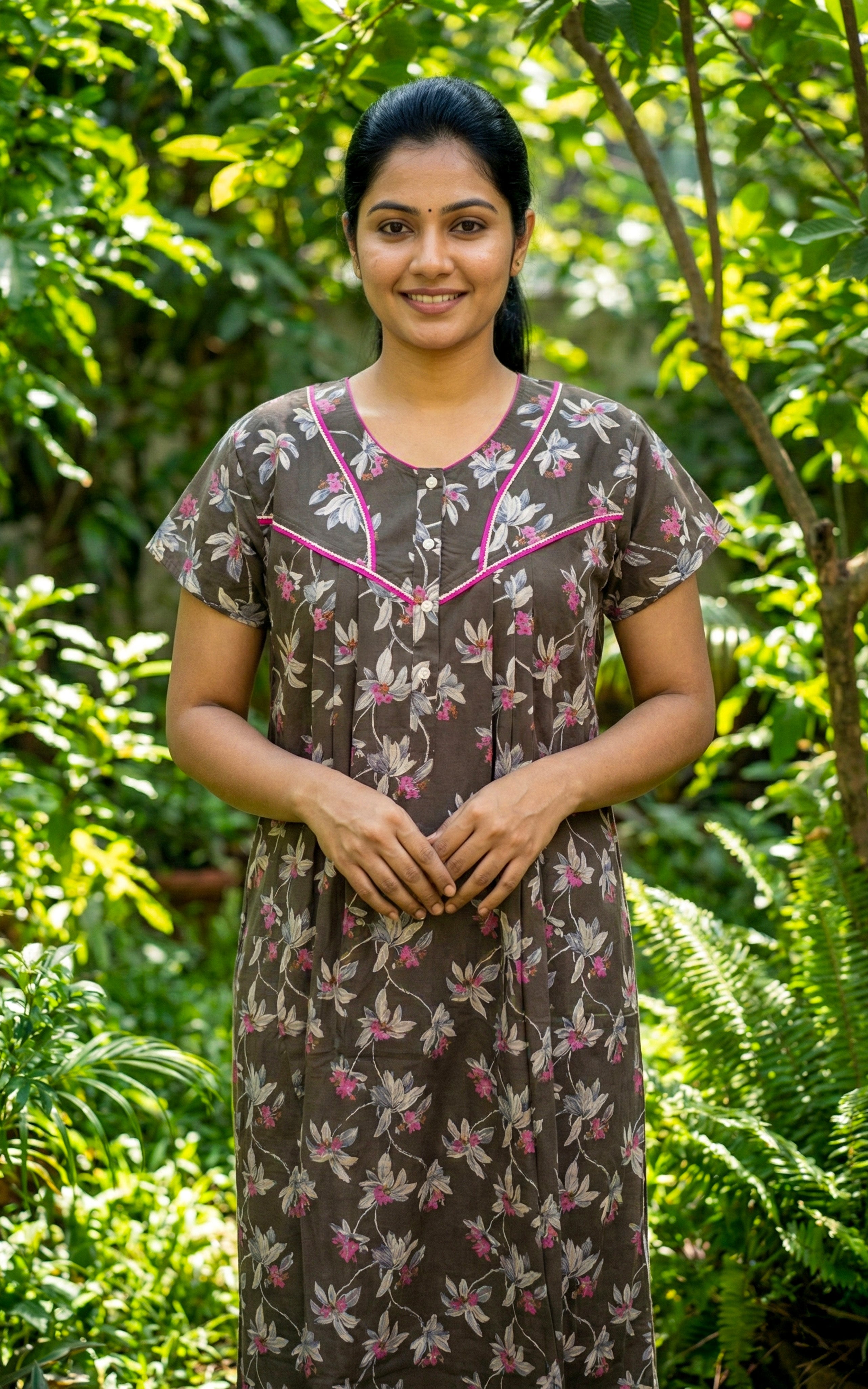 Instore – Chocolate Brown Cotton Long Nighty, All-Over Floral Print, V-Neck with Contrast Pink Piping & Button Placket, Relaxed Fit, Women's Sleepwear