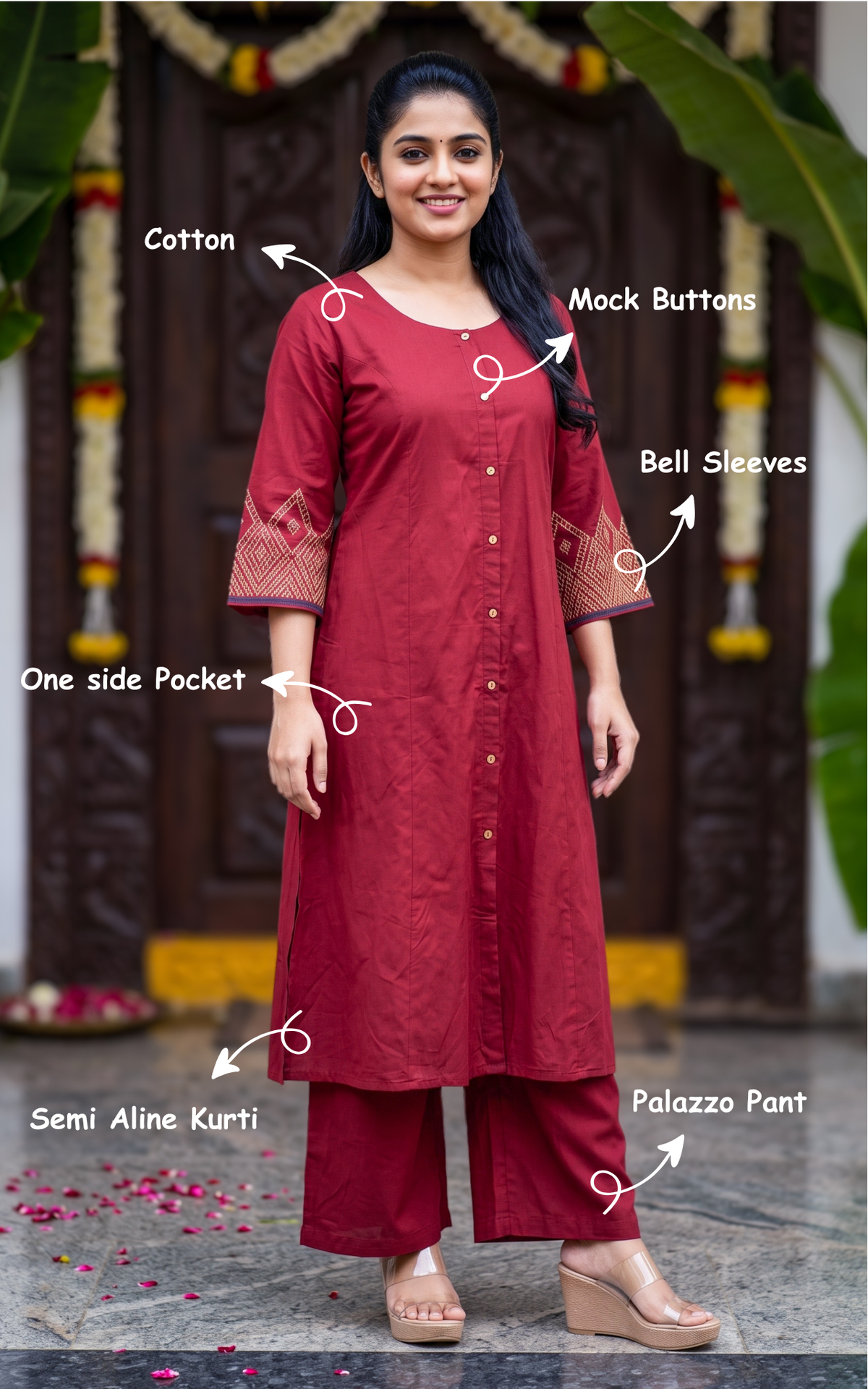 Maroon Cotton Traditional Festive Wear Kurti Set for Women