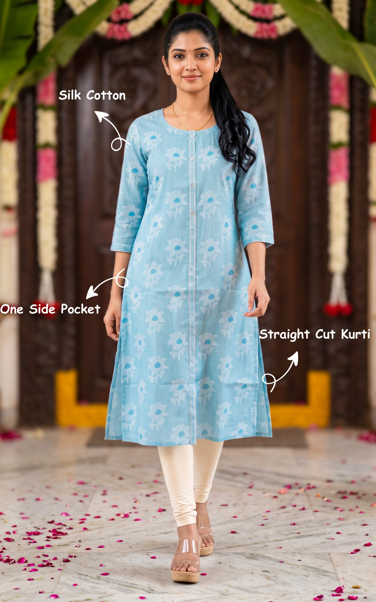 Sky Blue Silk Cotton Designer Straight Cut Kurti for Women