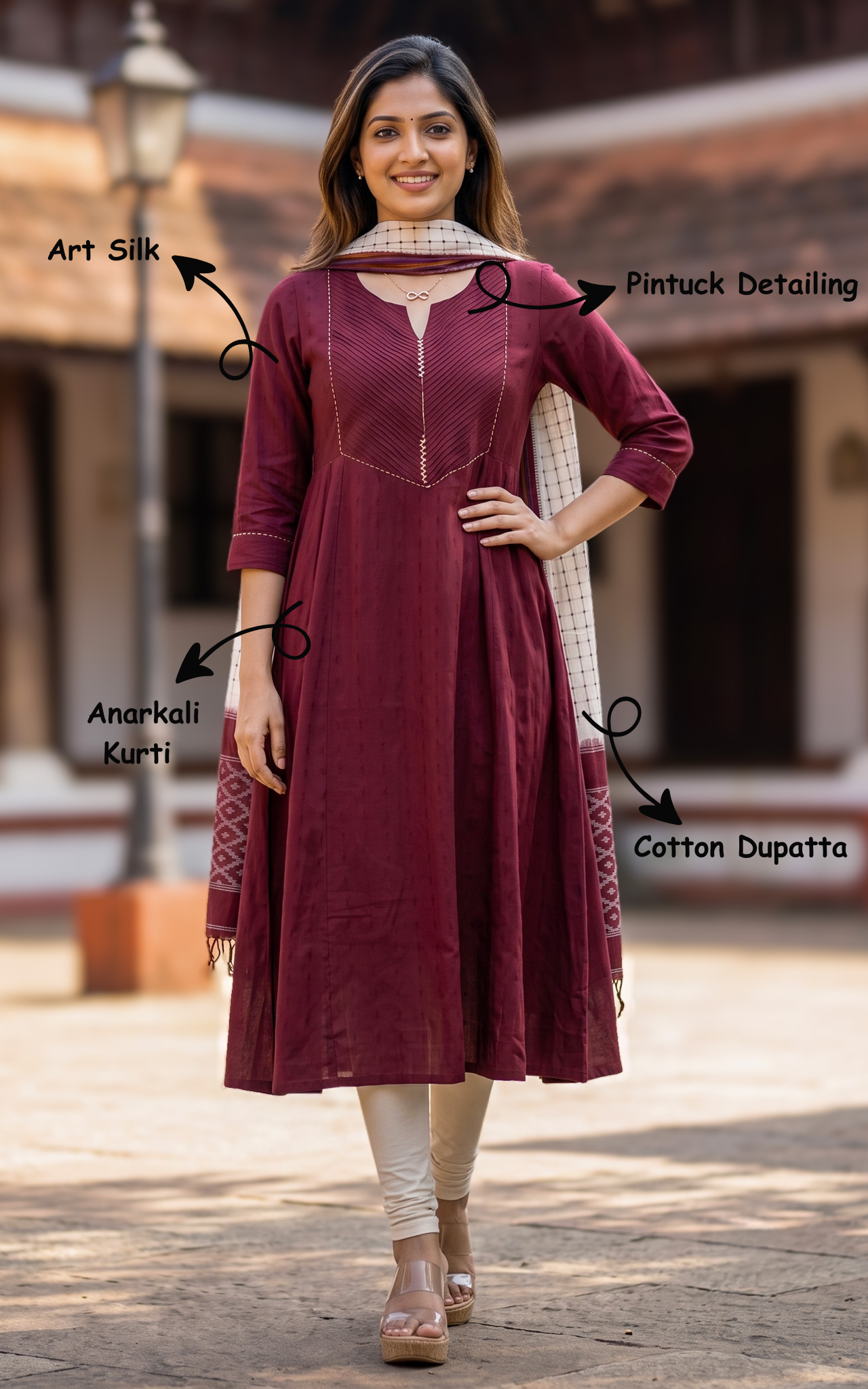 Maroon Art Silk Anarkali Kurti Featuring Pintuck Detailing for Women
